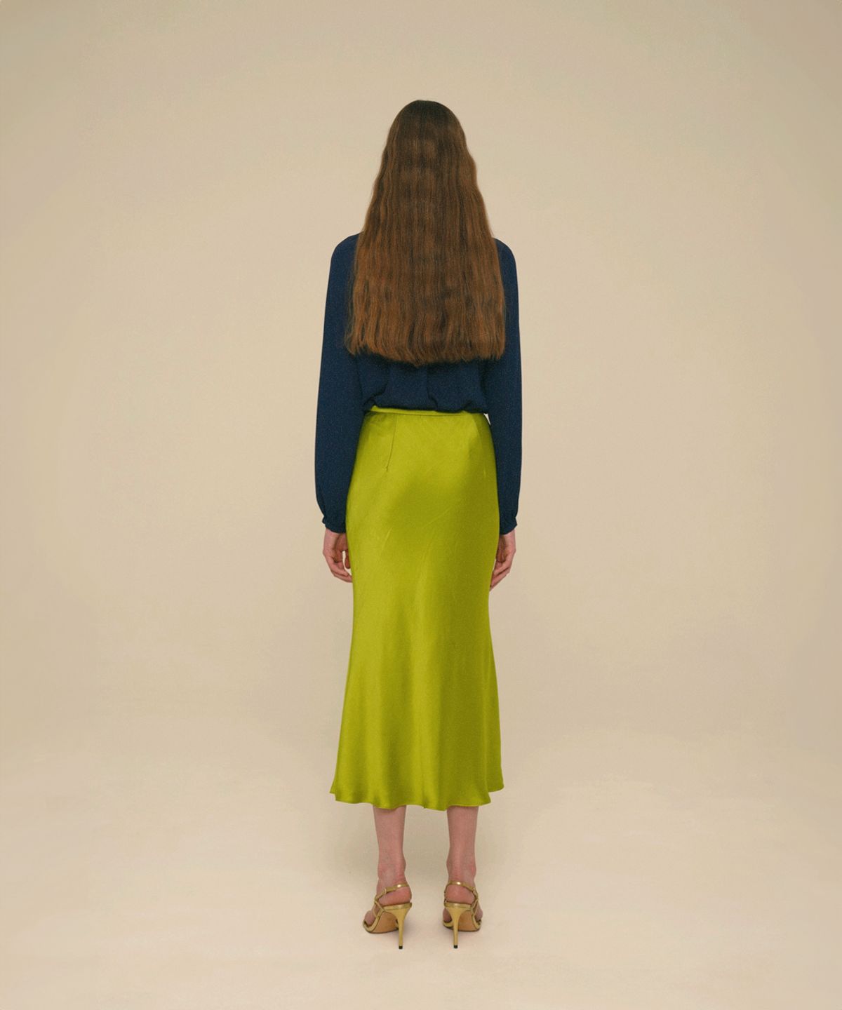 아이스가든에이오공팔(ICE GARDEN A.508) Mermaid Maxi Satin Skirt_Golden Lime