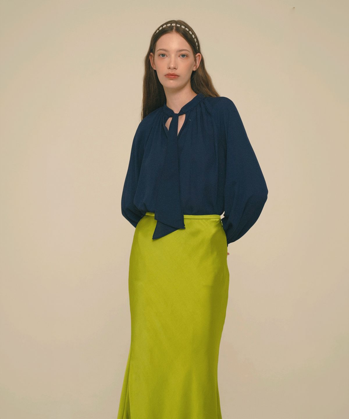 아이스가든에이오공팔(ICE GARDEN A.508) Mermaid Maxi Satin Skirt_Golden Lime