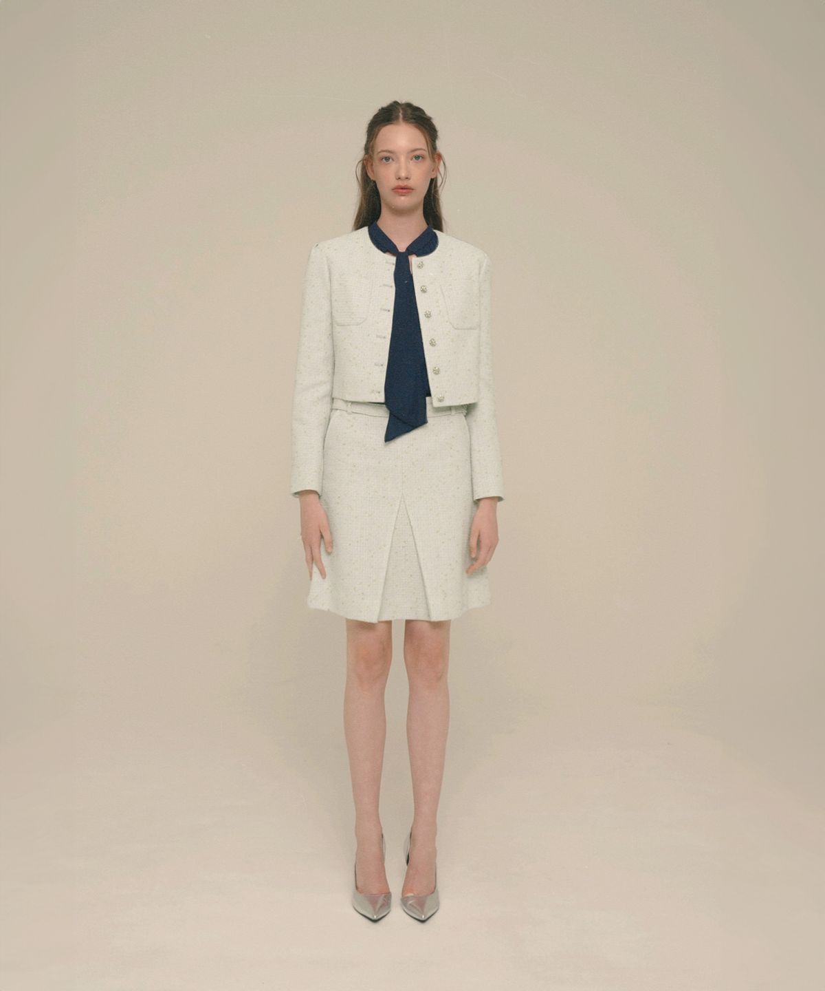 아이스가든에이오공팔(ICE GARDEN A.508) Crystal-Button Tweed Skirt_Vanilla Custard