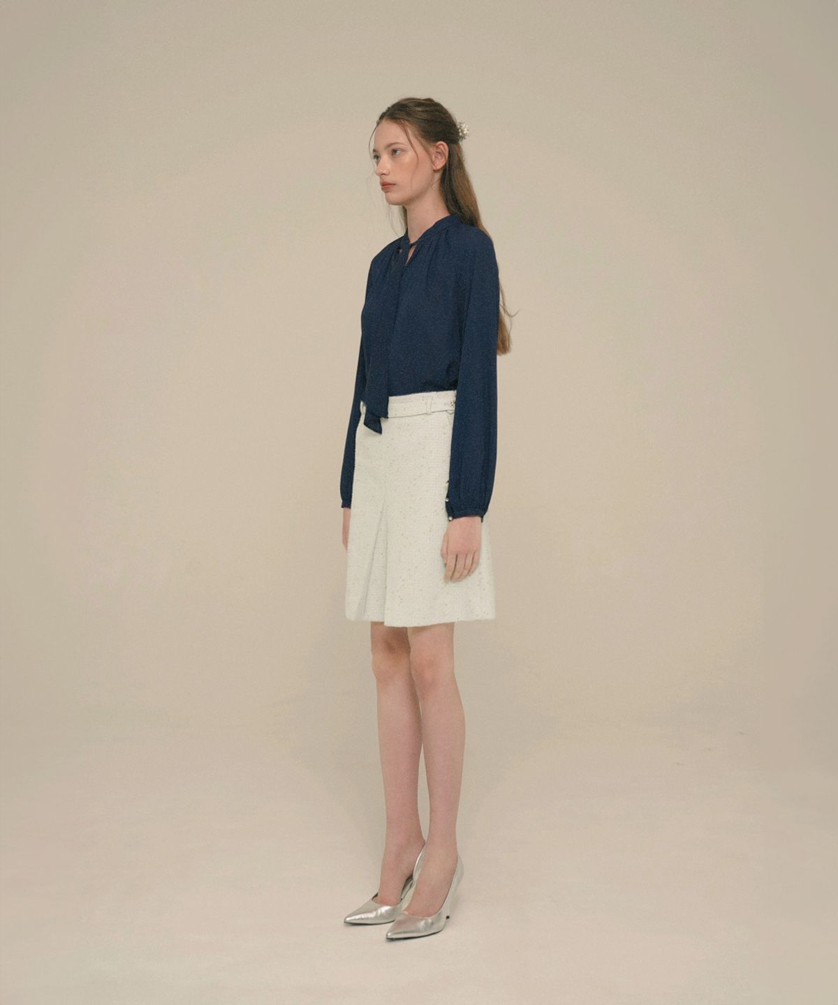 아이스가든에이오공팔(ICE GARDEN A.508) Crystal-Button Tweed Skirt_Vanilla Custard