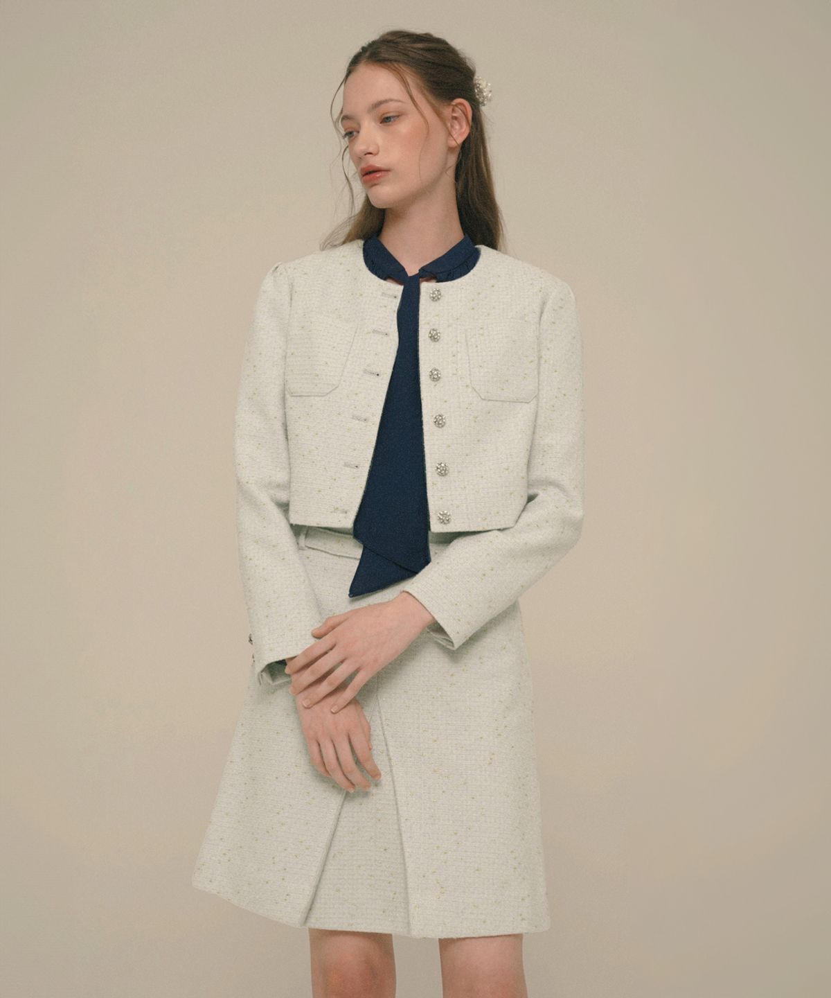 아이스가든에이오공팔(ICE GARDEN A.508) Crystal-Button Tweed Skirt_Vanilla Custard