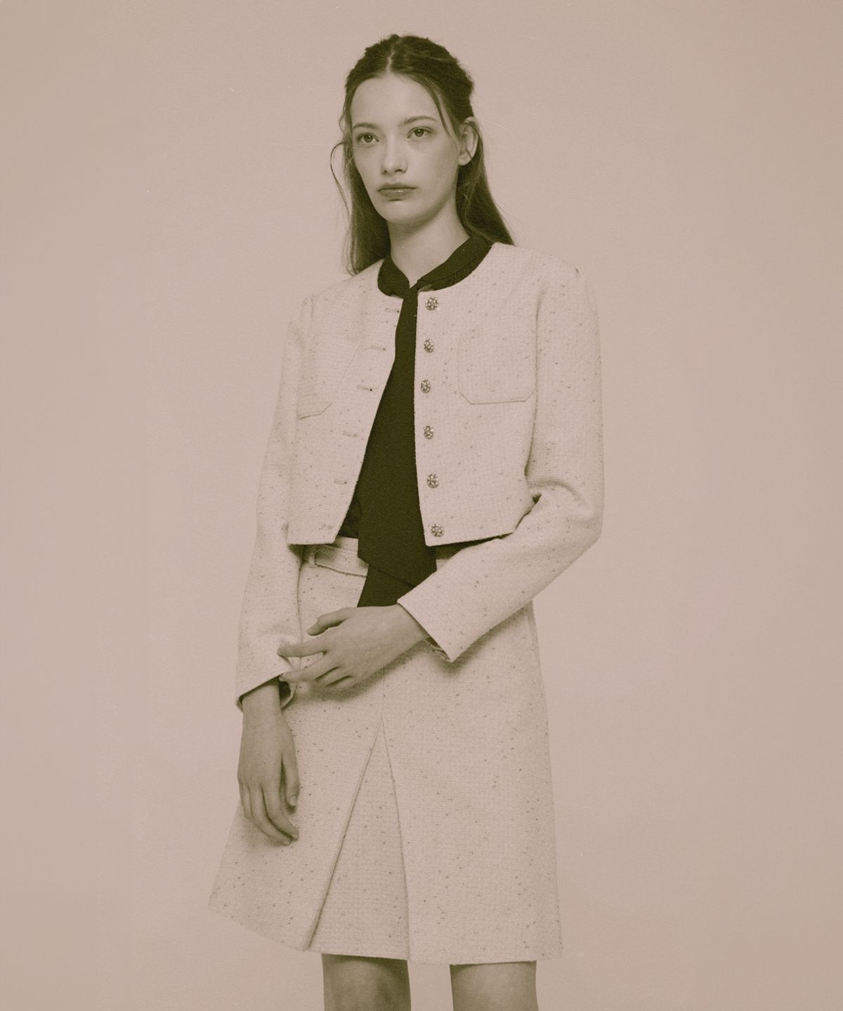 아이스가든에이오공팔(ICE GARDEN A.508) Crystal-Button Tweed Skirt_Vanilla Custard