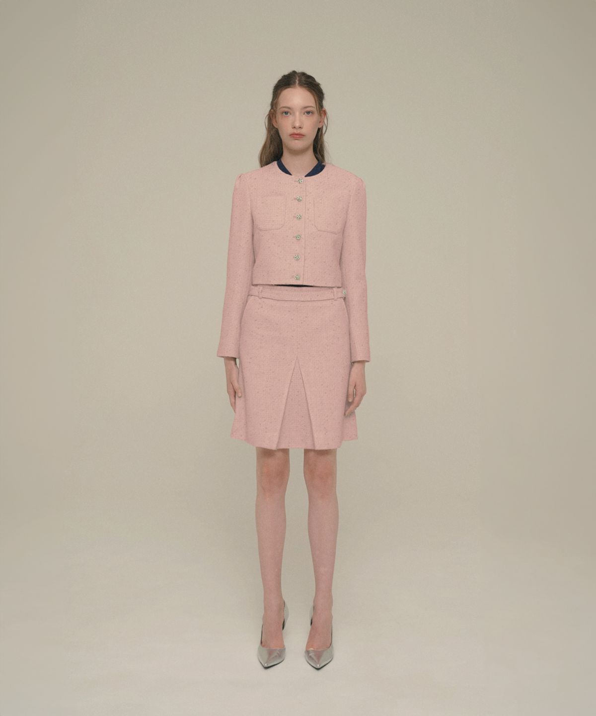 아이스가든에이오공팔(ICE GARDEN A.508) Crystal-Button Tweed Skirt_Shell Pink