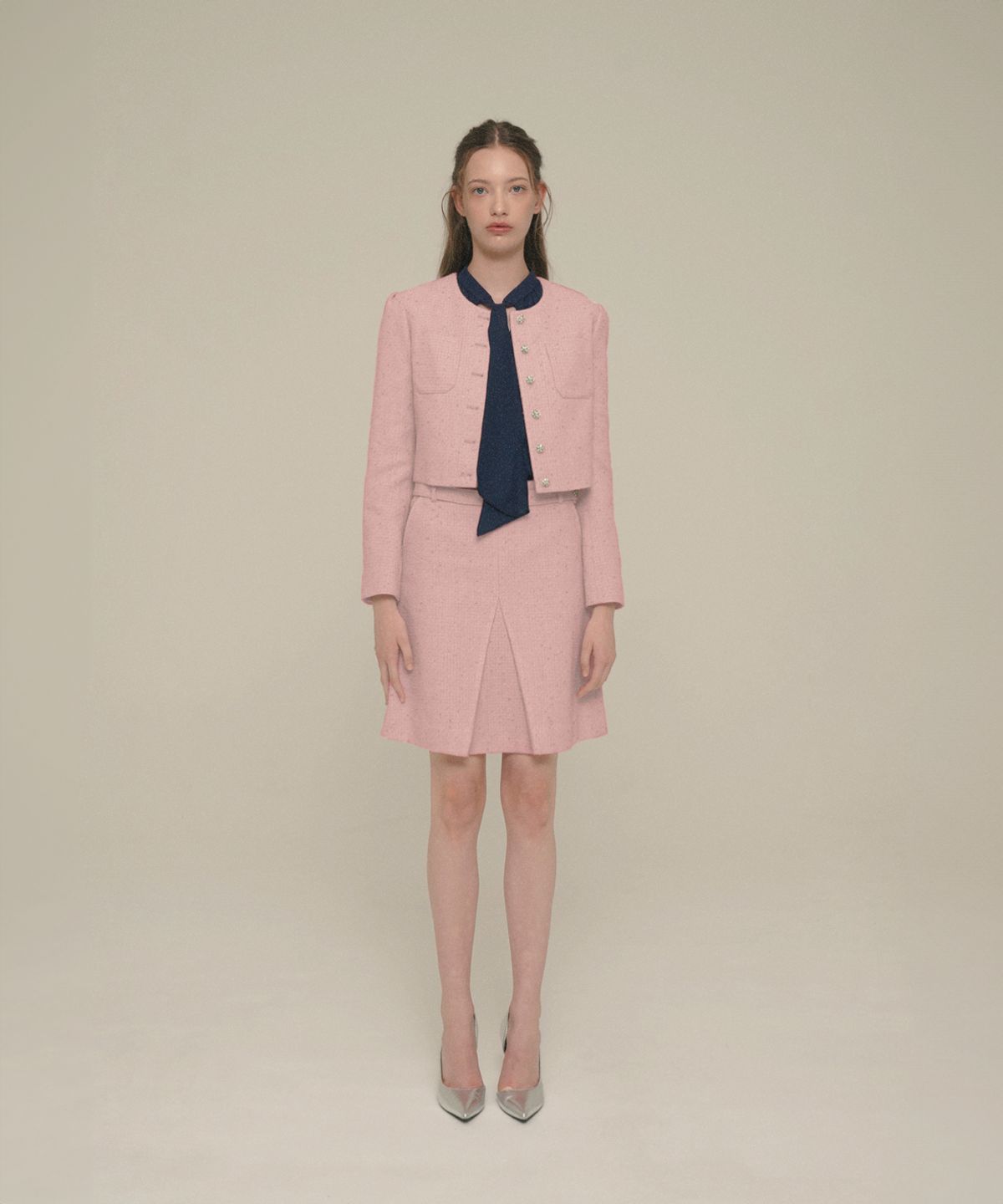 아이스가든에이오공팔(ICE GARDEN A.508) Crystal-Button Tweed Skirt_Shell Pink