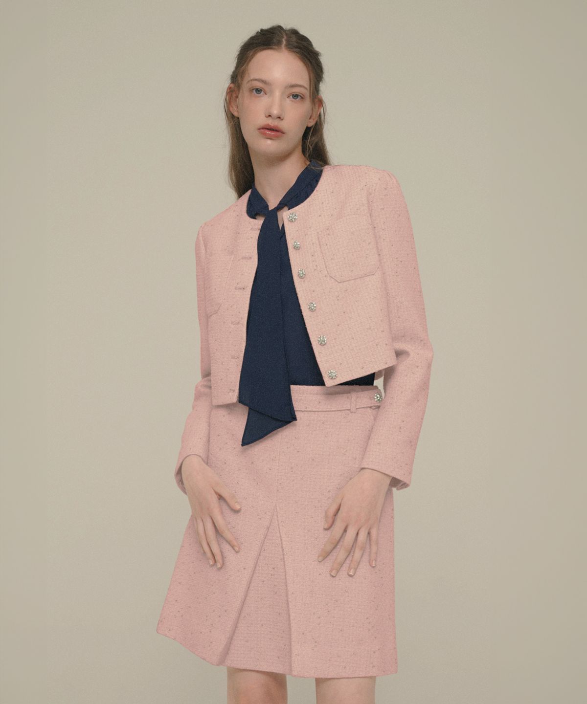 아이스가든에이오공팔(ICE GARDEN A.508) Crystal-Button Tweed Skirt_Shell Pink