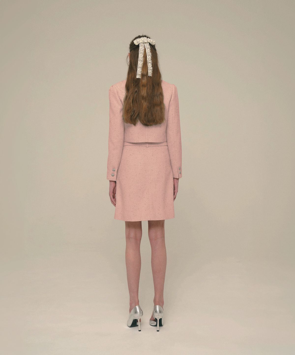 아이스가든에이오공팔(ICE GARDEN A.508) Crystal-Buttons Cropped Tweed Jacket_Shell Pink