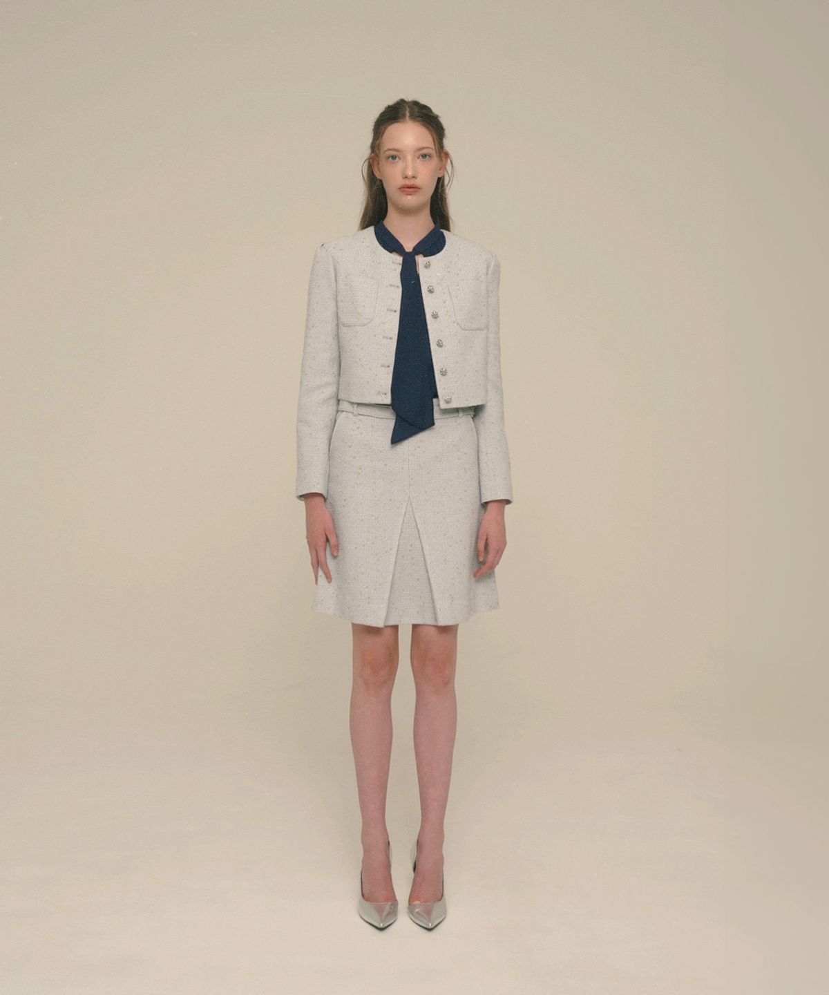 아이스가든에이오공팔(ICE GARDEN A.508) Crystal-Buttons Cropped Tweed Jacket_Quiet Gray