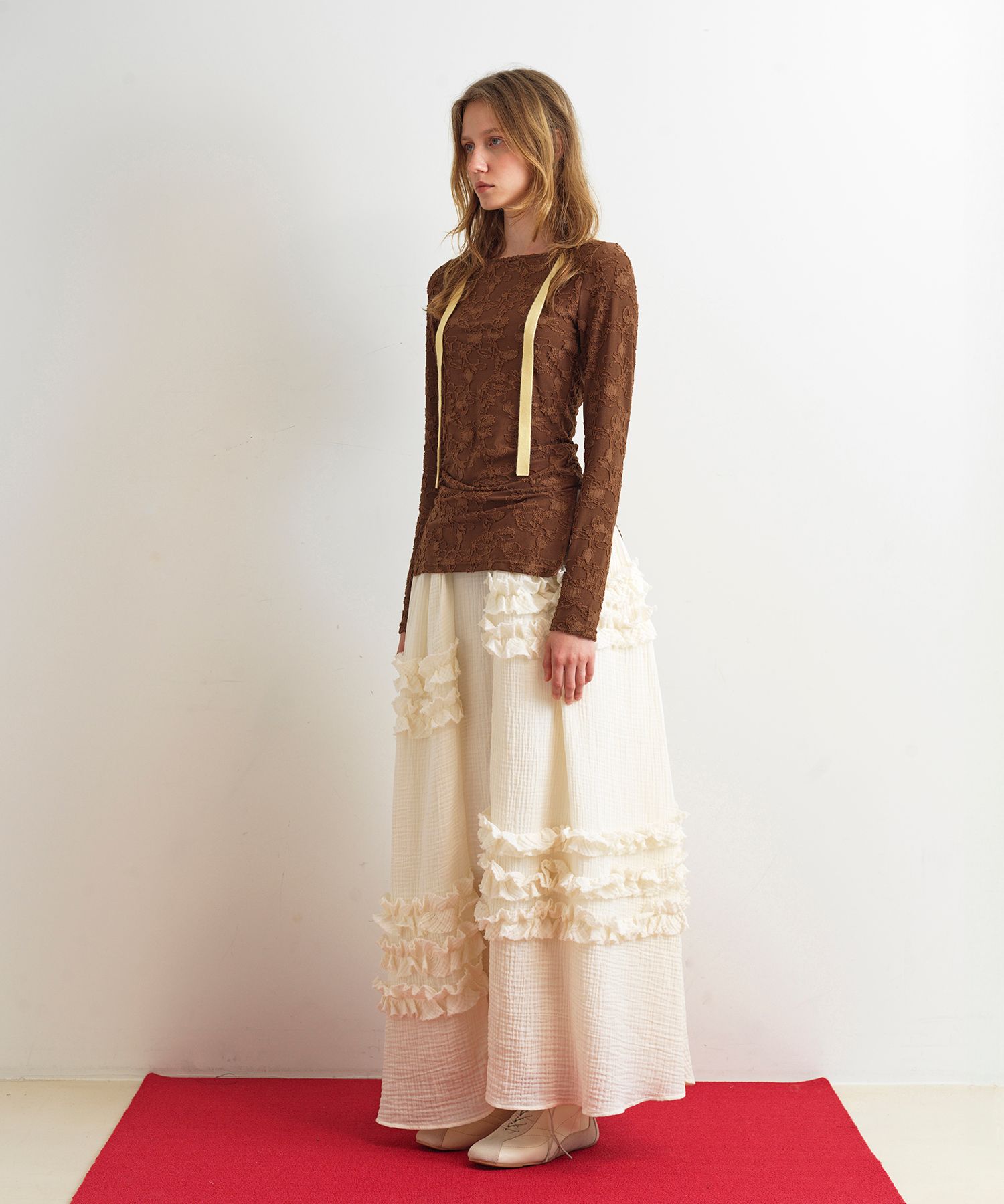 UNBALANCE FRILL MAXI SKIRT - CREAM