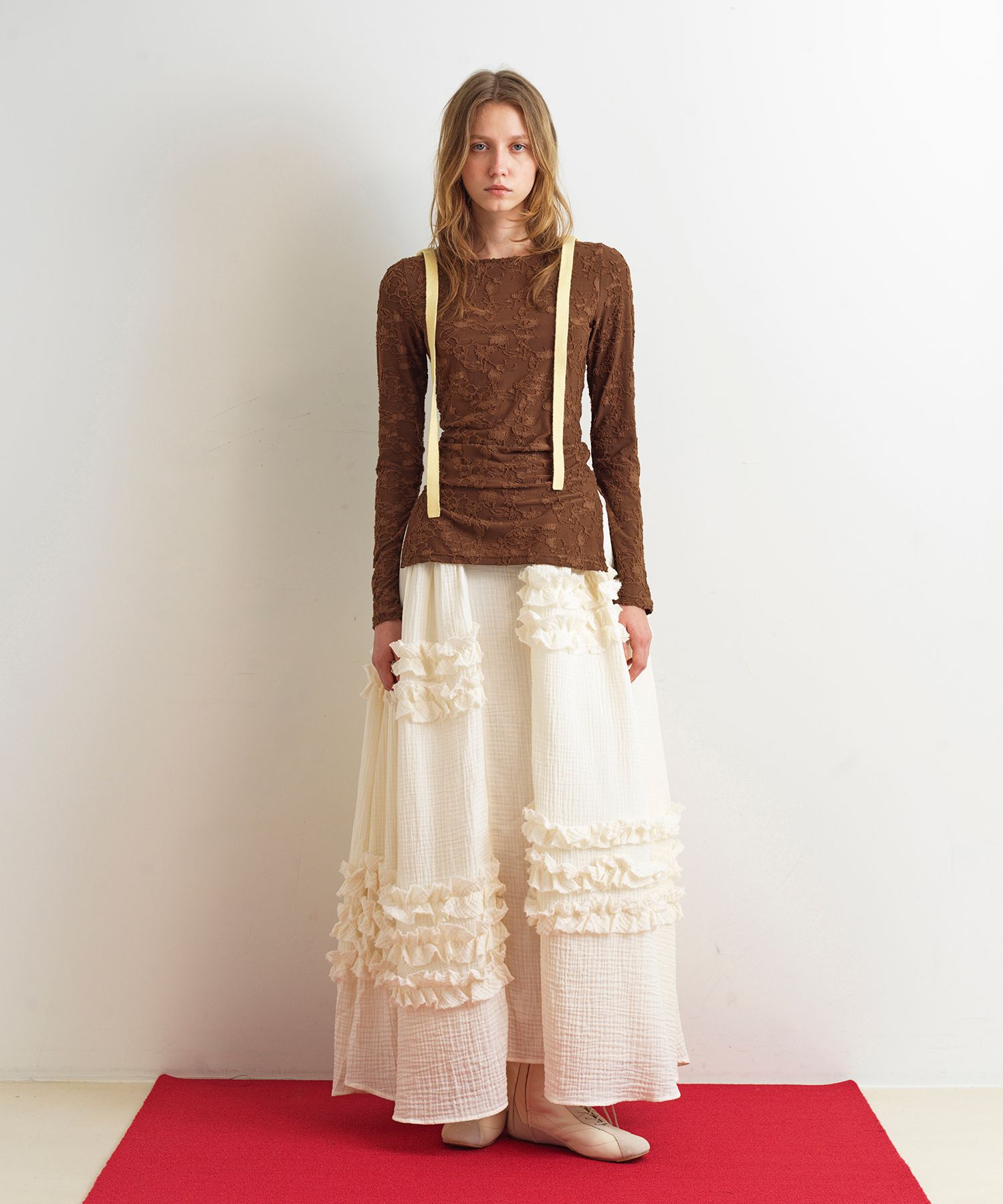 UNBALANCE FRILL MAXI SKIRT - CREAM