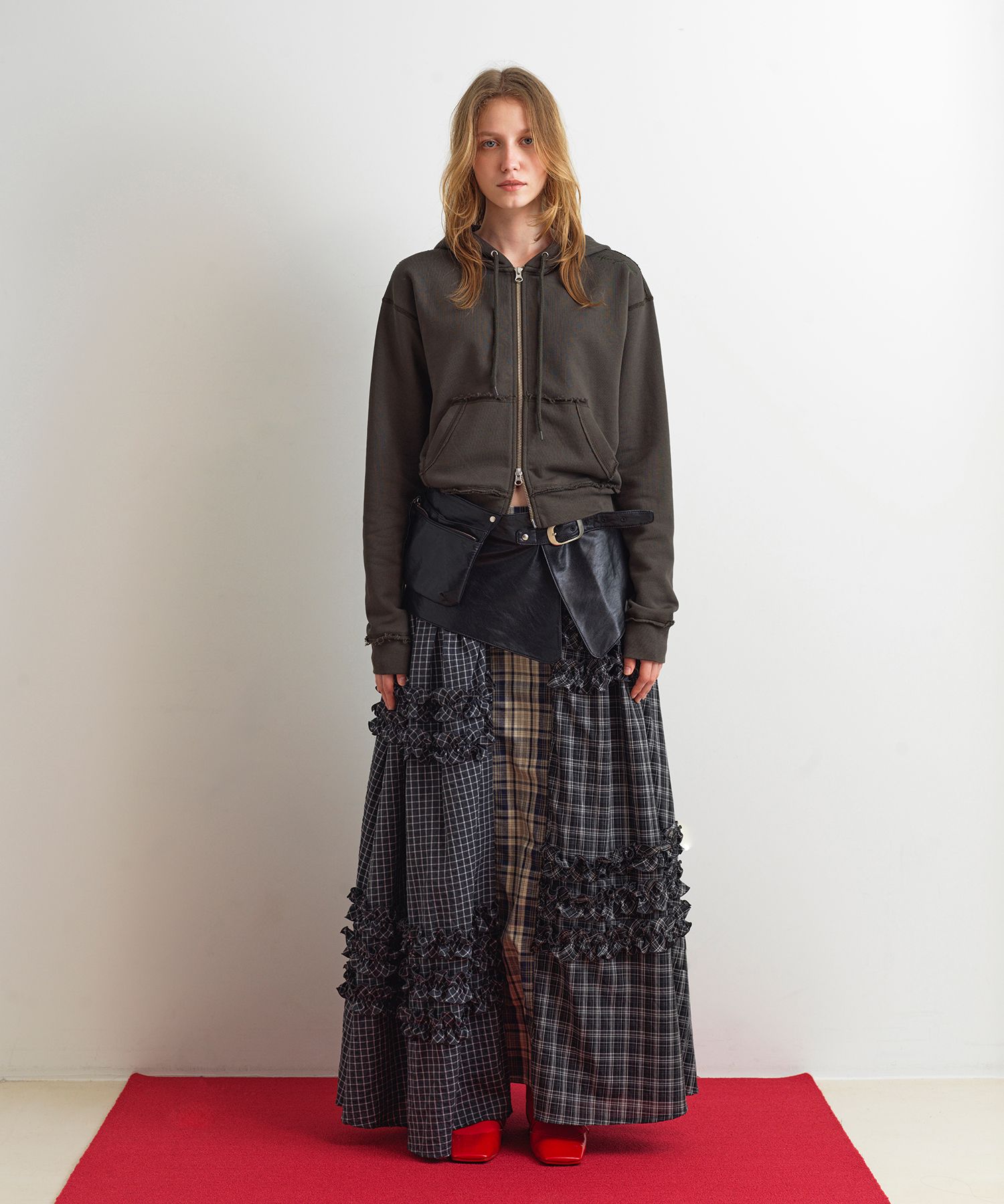 UNBALANCE FRILL MAXI SKIRT - CHECK