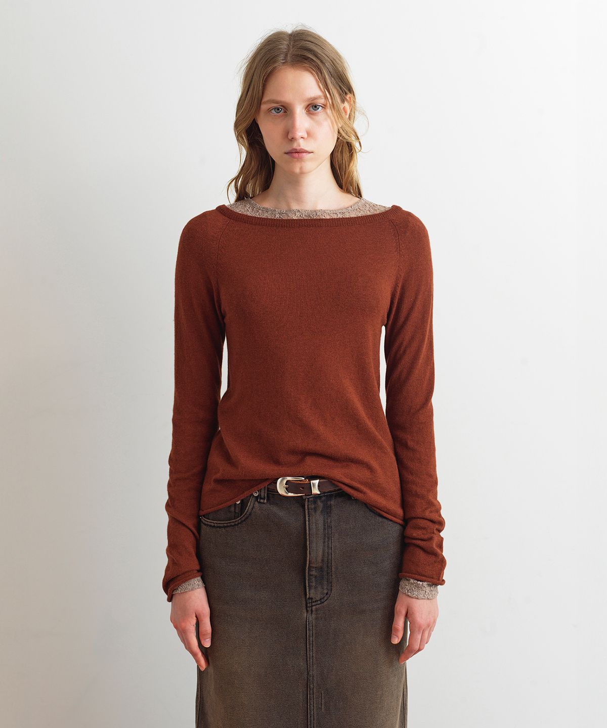 아옵트(AOPT) BOAT NECK TWO WAY CARDIGAN - BRICK BROWN