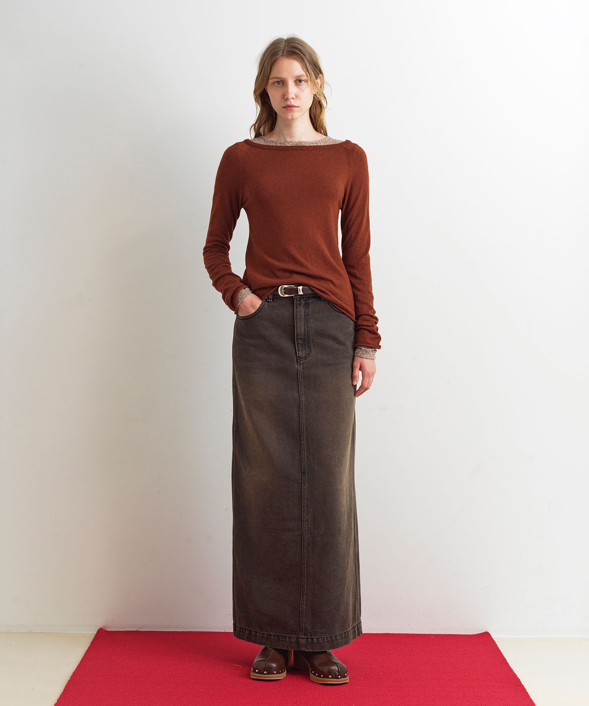 아옵트(AOPT) BOAT NECK TWO WAY CARDIGAN - BRICK BROWN