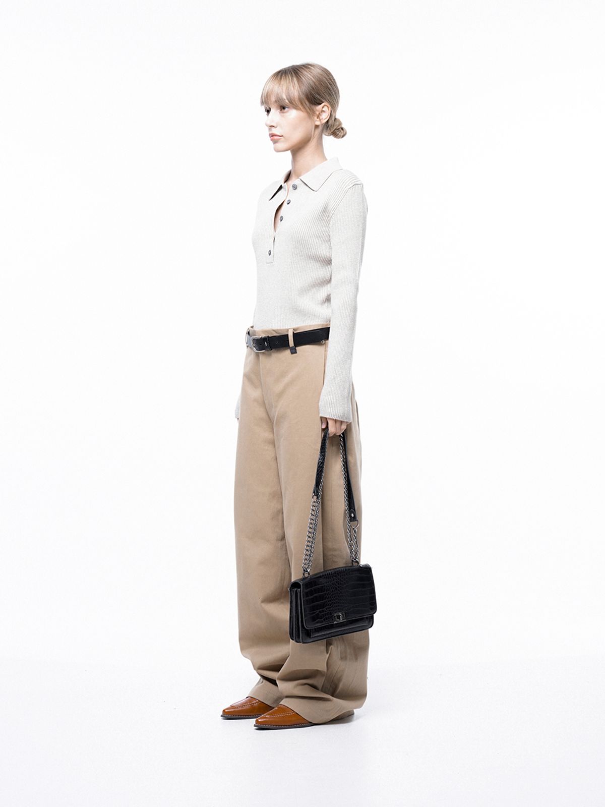 챈세스노이(CHANCE'S NOI) Side Tuck Wide Cotton Slacks - Beige /M243PT04BEW