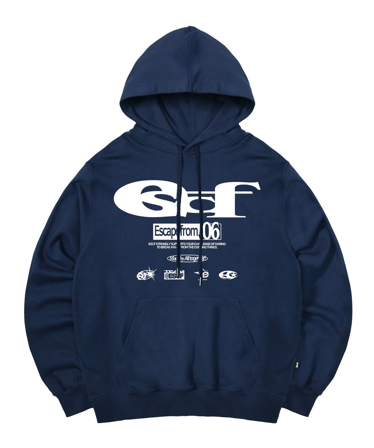 이스케이프프롬(ESCAPEFROM) ESCF 로고 콜라주 프린트 후드티 딥블루