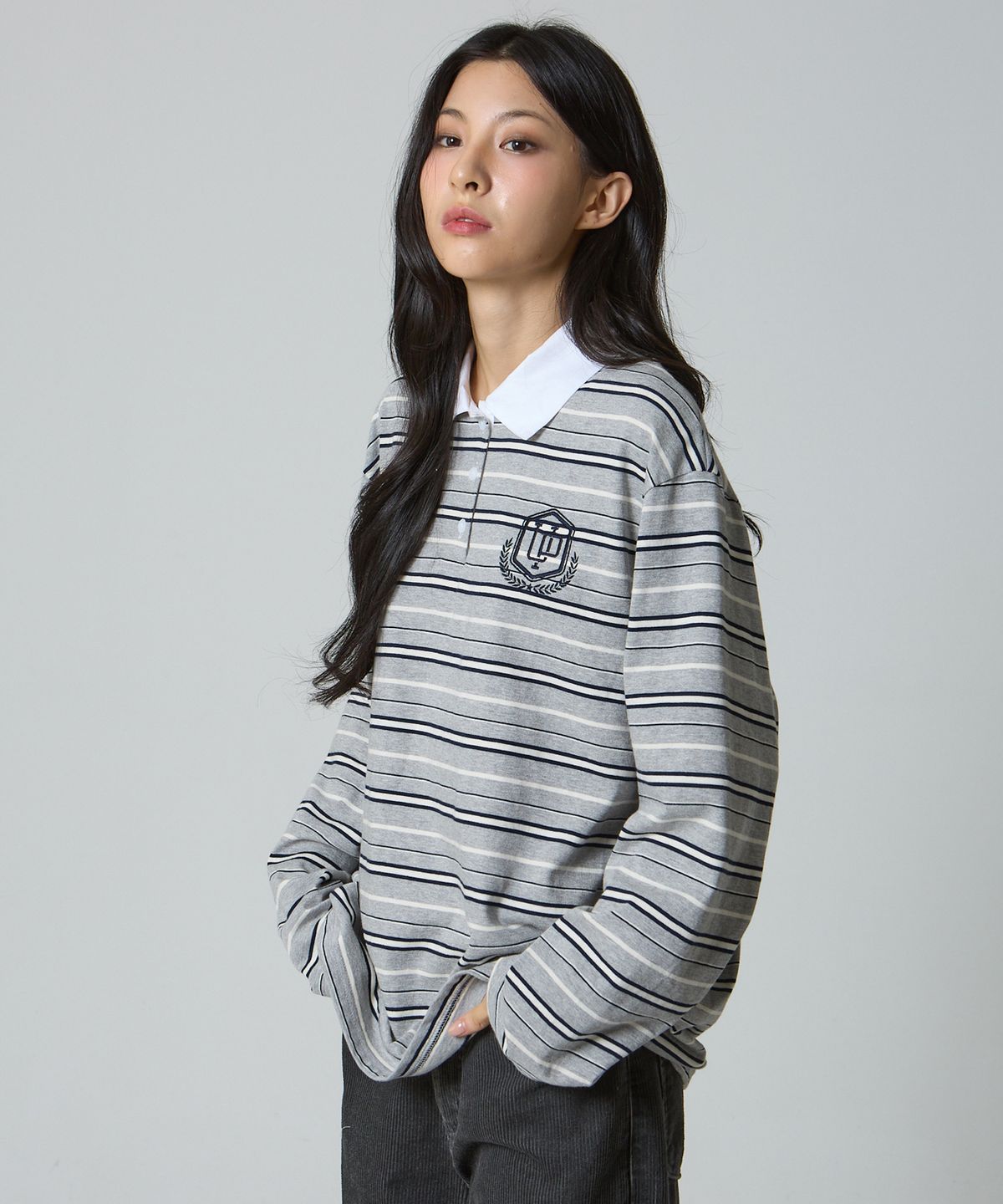 언노운 플라넷(UNKNOWN PLANET) 아이비 스트라이프 럭비 카라 셔츠 그레이