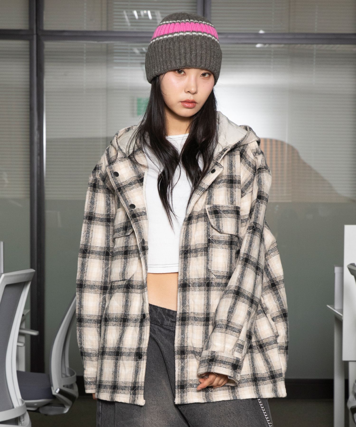 [XTONZ] Padded Check Hood Shirt Jacket ★大人気★ MUSINSA | XTONZ XTS035 Padded Check Hooded Shirt Jacket (BLACK)