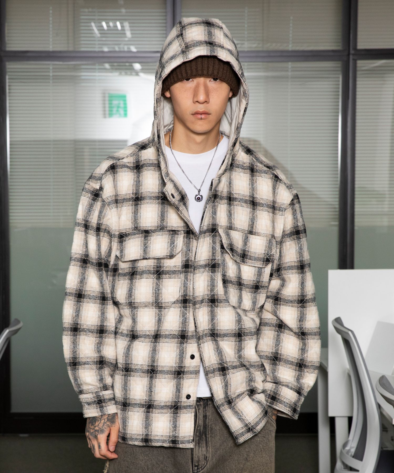 [XTONZ] Padded Check Hood Shirt Jacket ★大人気★ MUSINSA | XTONZ XTS035 Padded Check Hooded Shirt Jacket (BLACK)