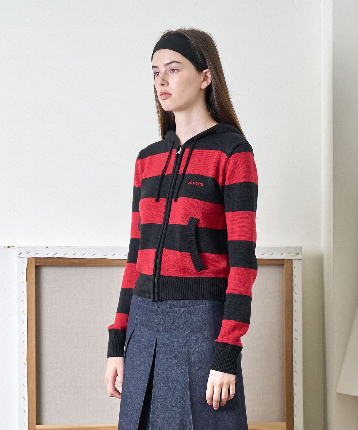아메스 월드와이드(AMES-WORLDWIDE) STRIPE KNIT HOODIE ZIP-UP BLACK