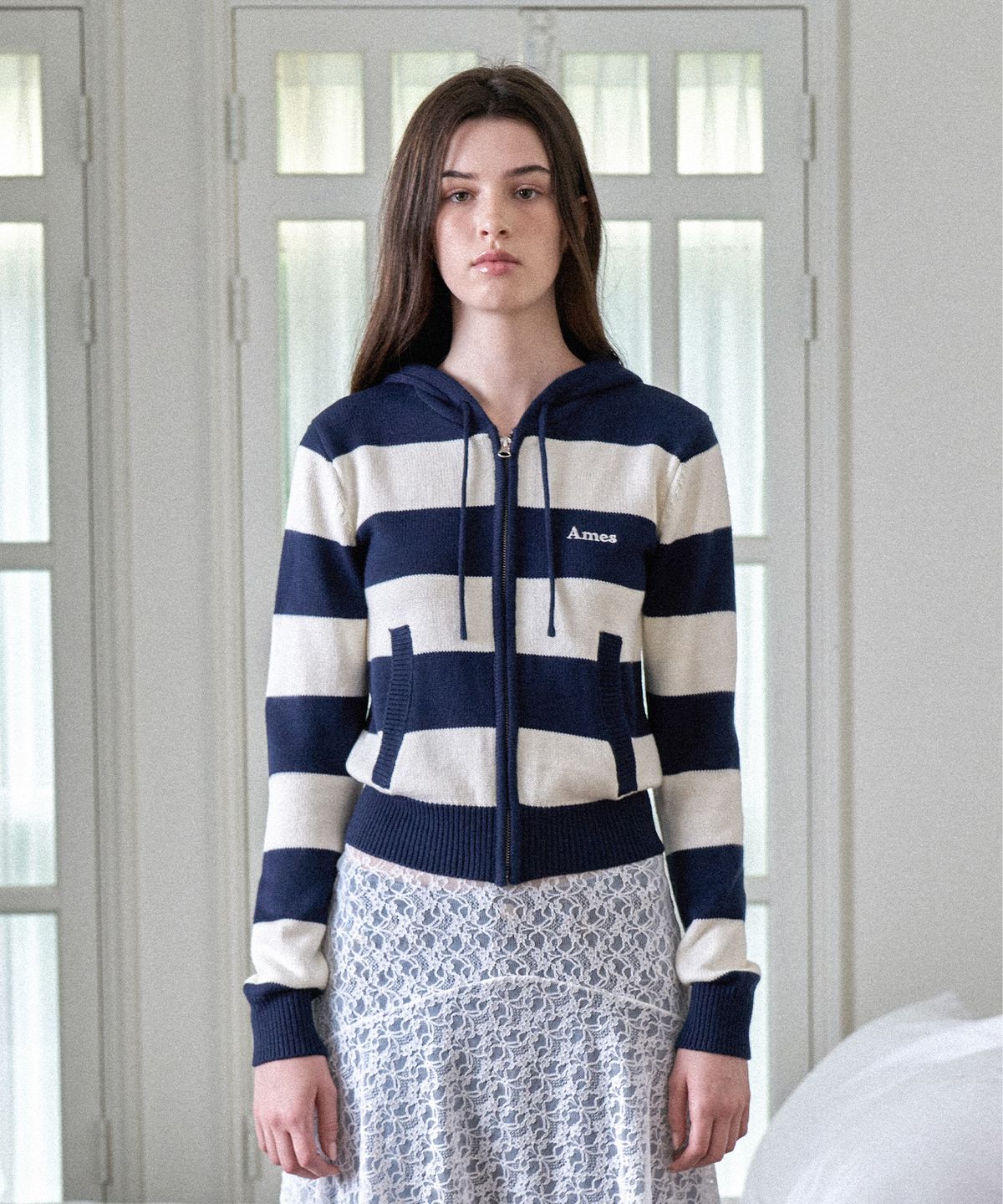 아메스 월드와이드(AMES-WORLDWIDE) STRIPE KNIT HOODIE ZIP-UP NAVY