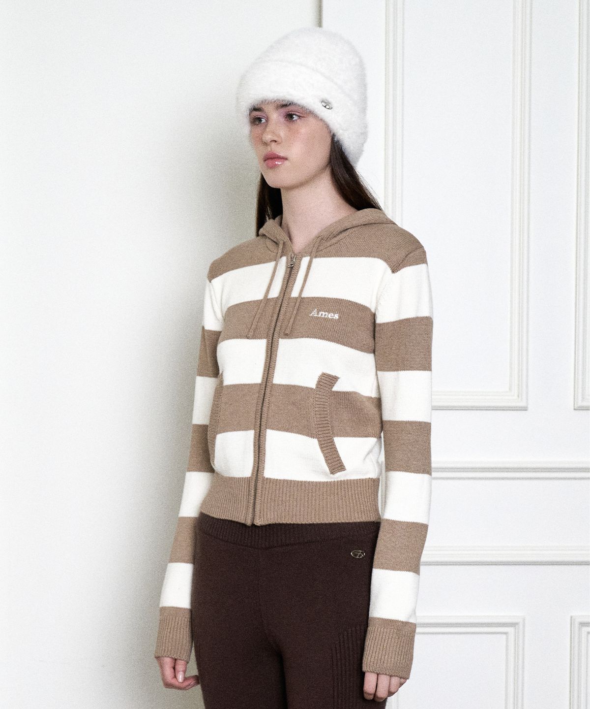 아메스 월드와이드(AMES-WORLDWIDE) STRIPE KNIT HOODIE ZIP-UP BEIGE