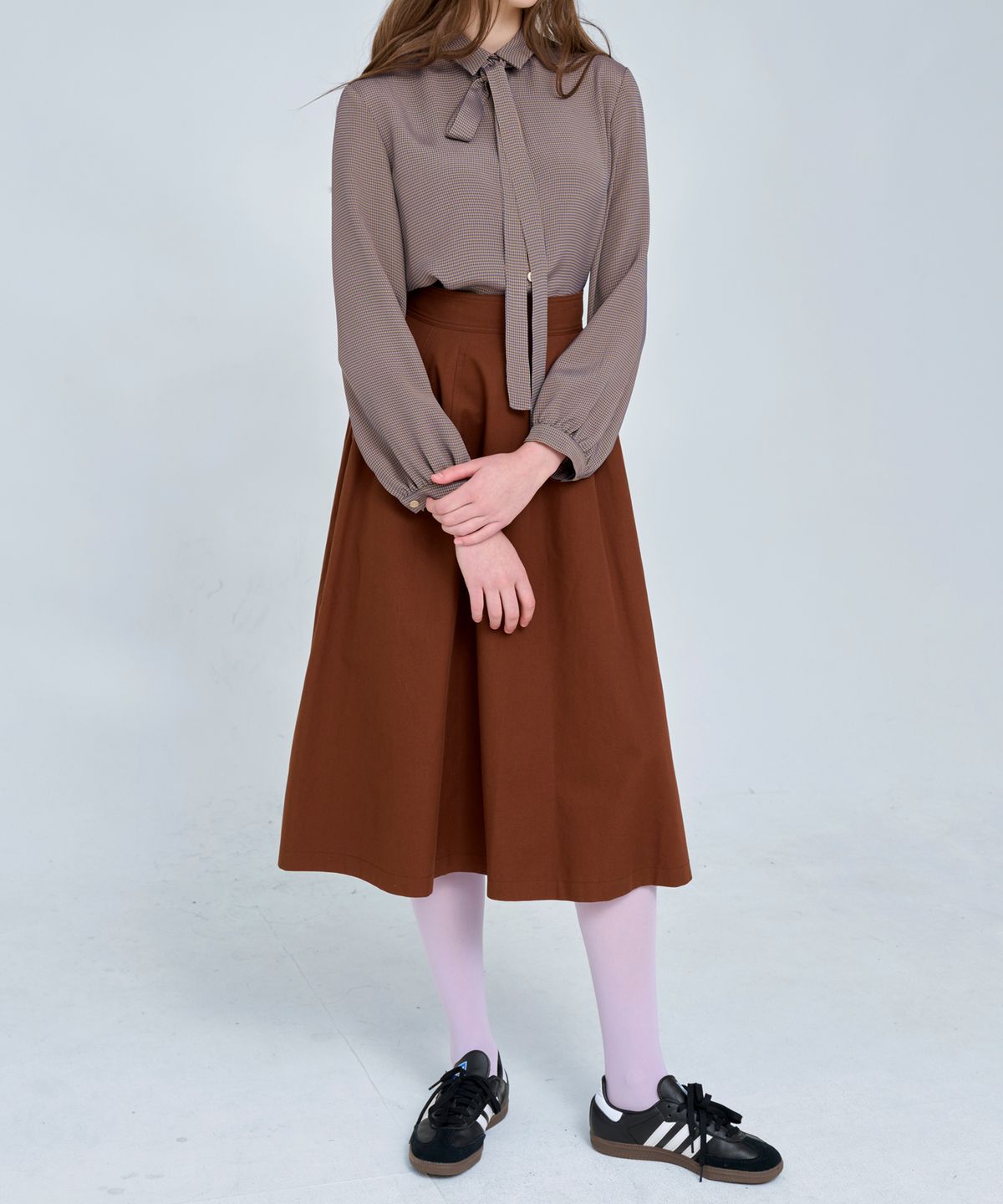 보연(VOYONN) A라인 볼륨 롱스커트 면100 브라운 0123