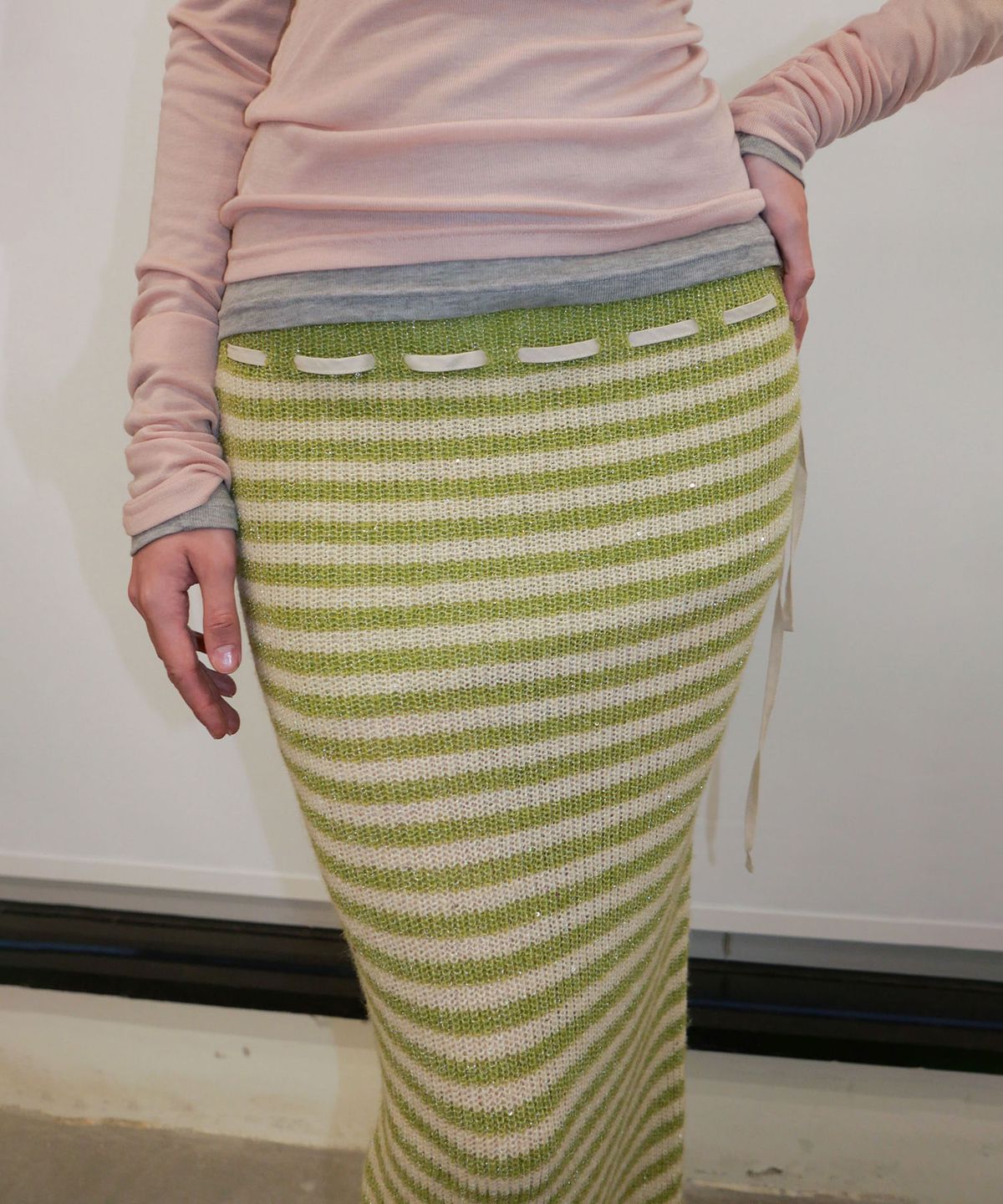 스컬프터(SCULPTOR) Sequin Maxi Wool Skirt Lime