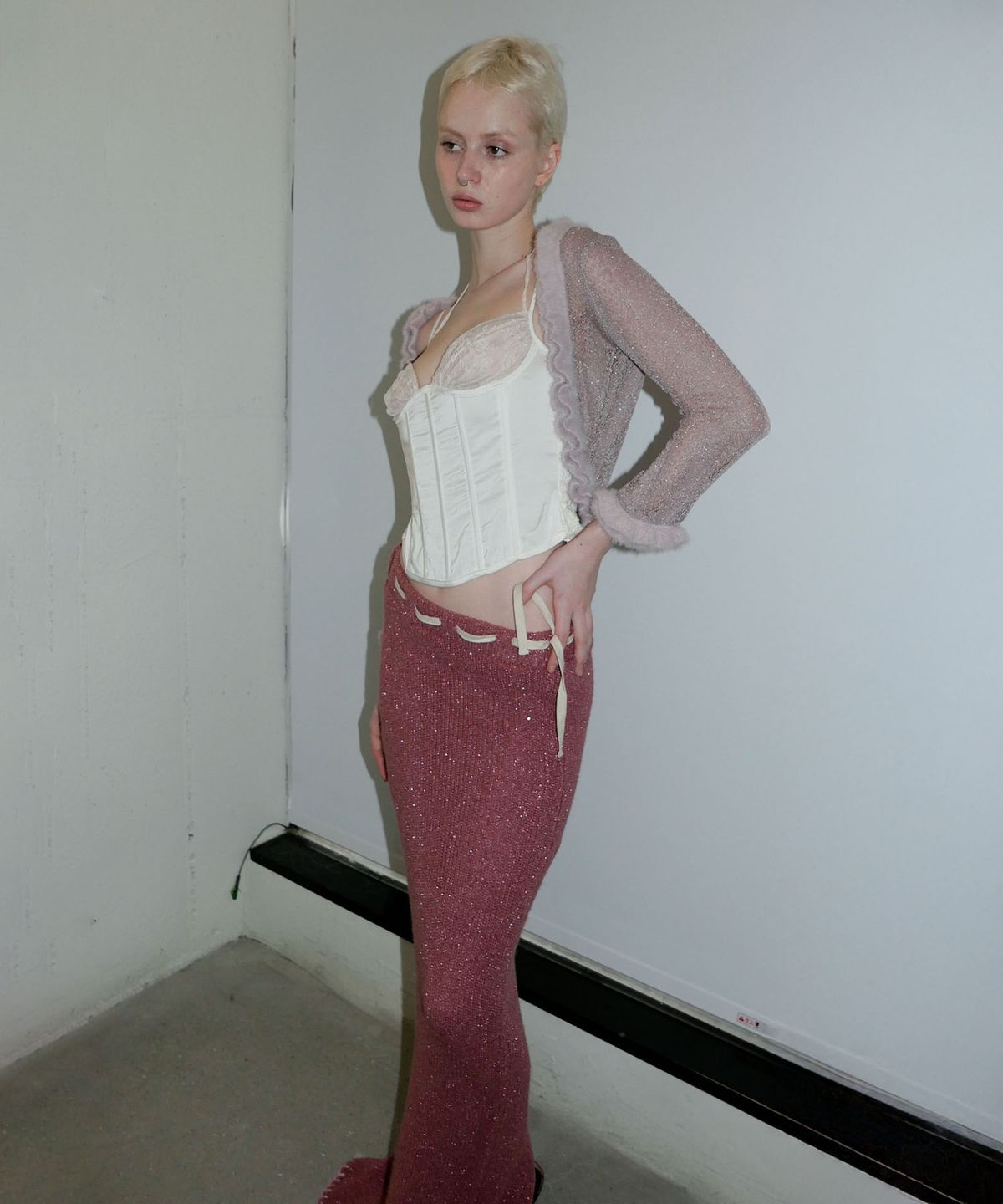 스컬프터(SCULPTOR) Sequin Maxi Wool Skirt Fuchsia