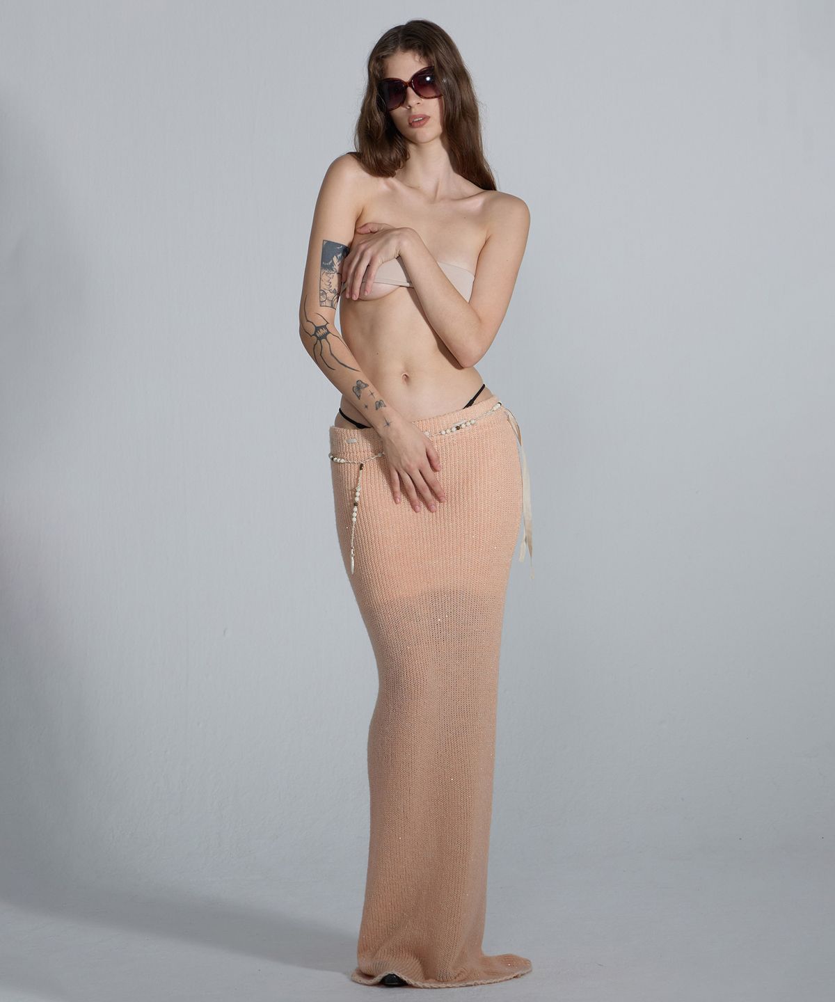 스컬프터(SCULPTOR) Sequin Maxi Wool Skirt Peach Pink