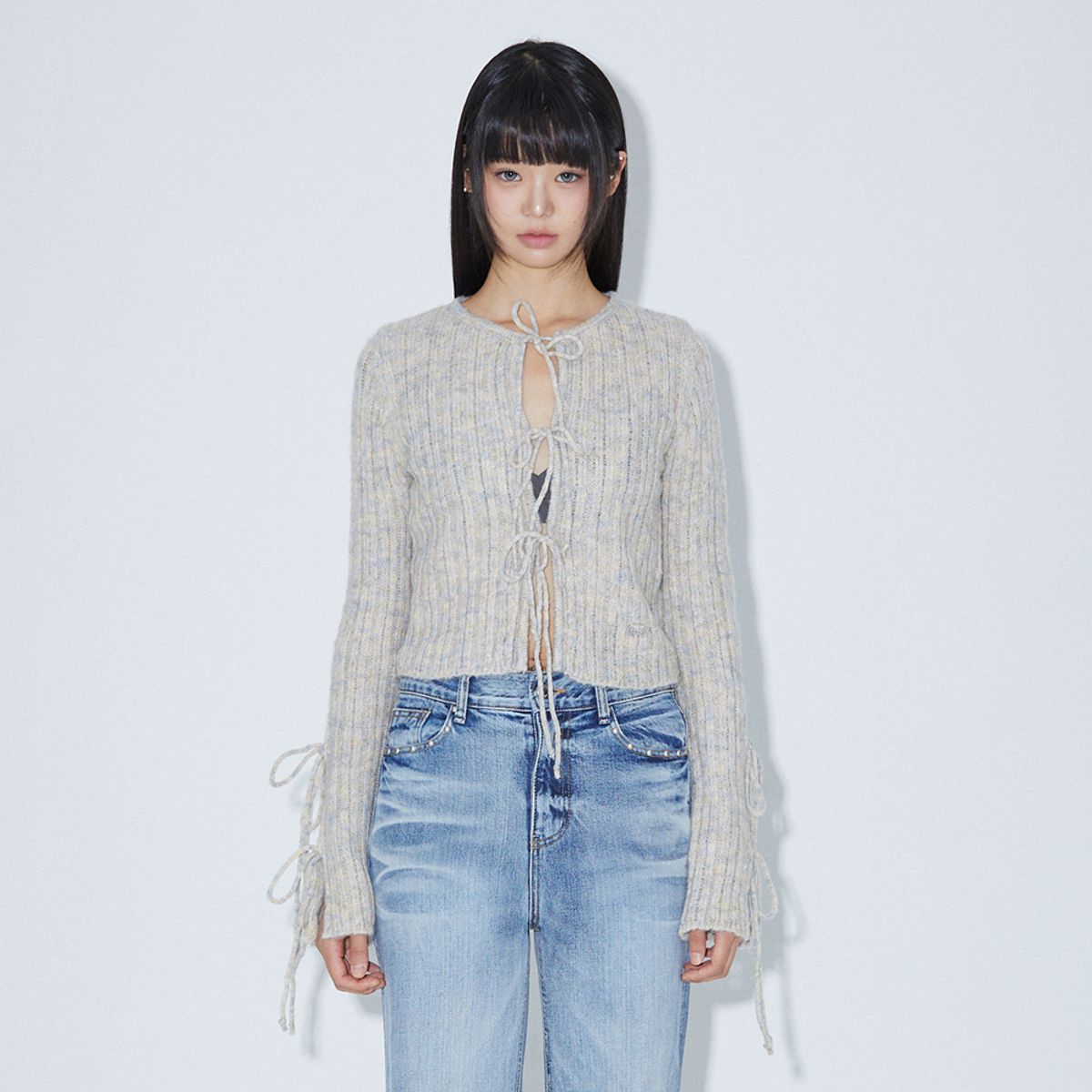 라라폭스(LALAFOX) RIBBON POINT KNIT CARDIGAN OATMEAL 니트 가디건 BQ4KG005