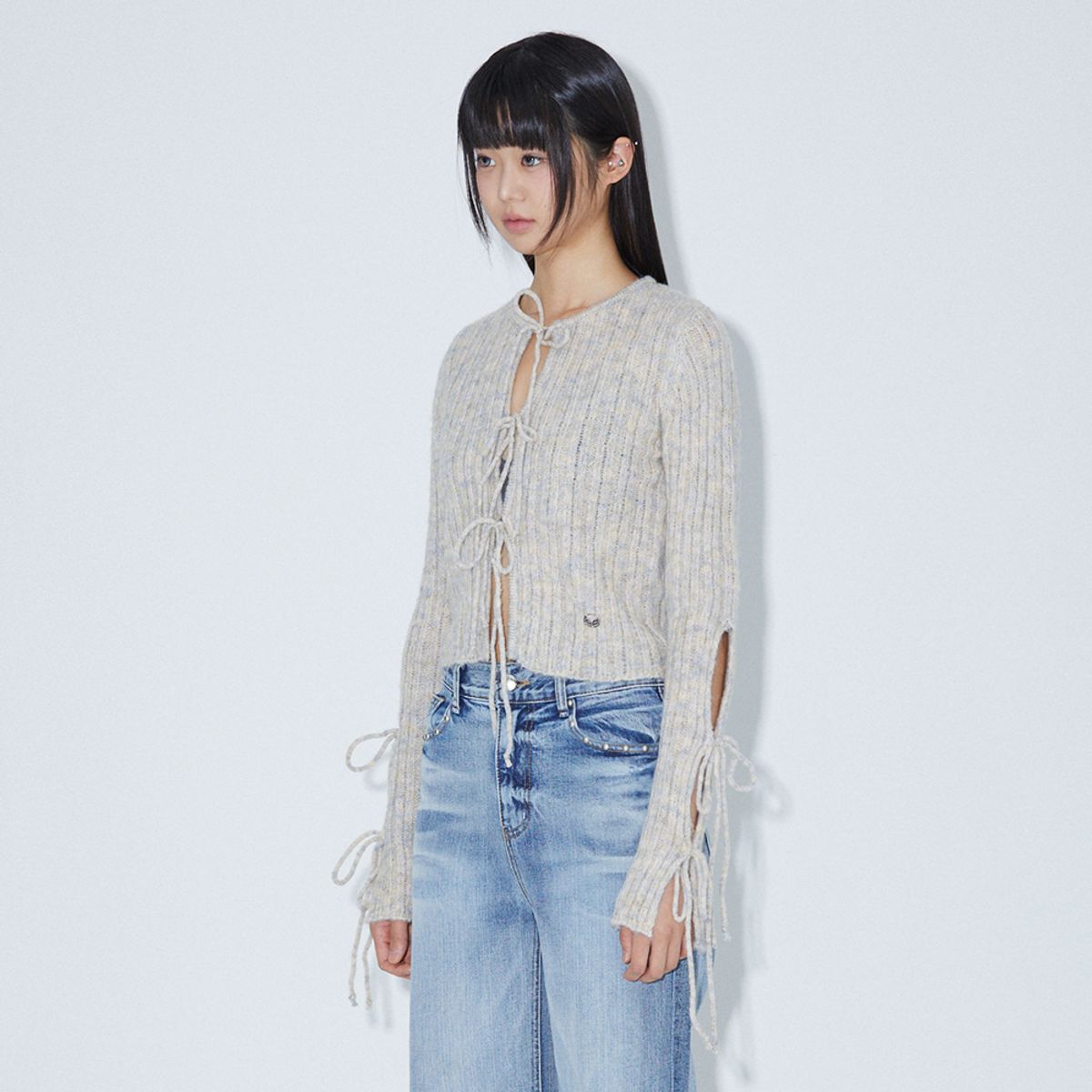 라라폭스(LALAFOX) RIBBON POINT KNIT CARDIGAN OATMEAL 니트 가디건 BQ4KG005