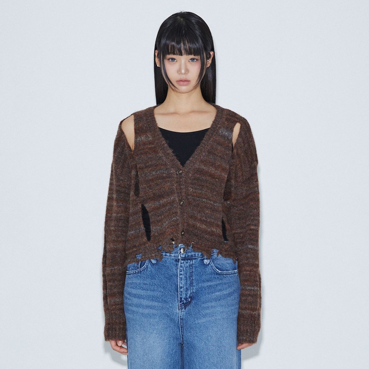 라라폭스(LALAFOX) SIDE SLIT DISTRESSED CARDIGAN BROWN 니트 가디건 BQ4KG008