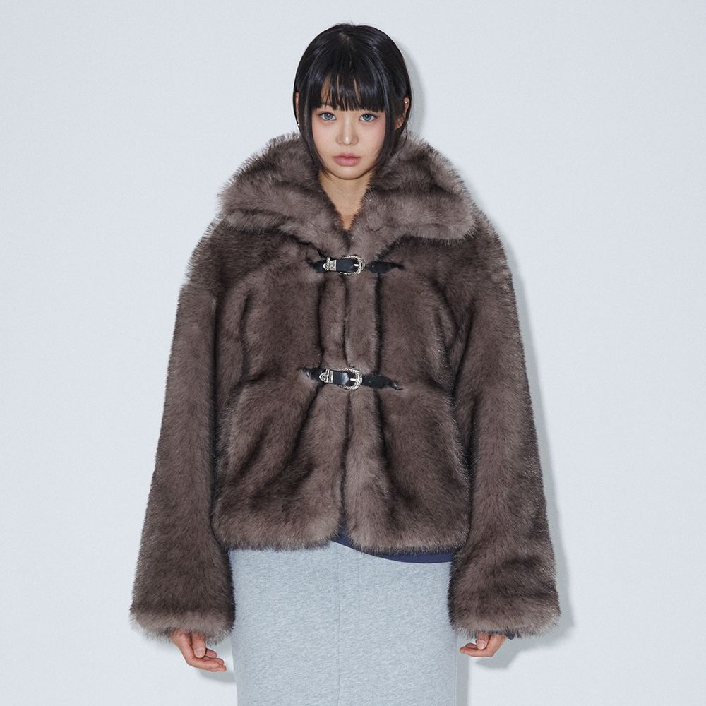 MUSINSA | LALAFOX STRAP BUCKLE FUR JACKET GREY BQ4FJ001