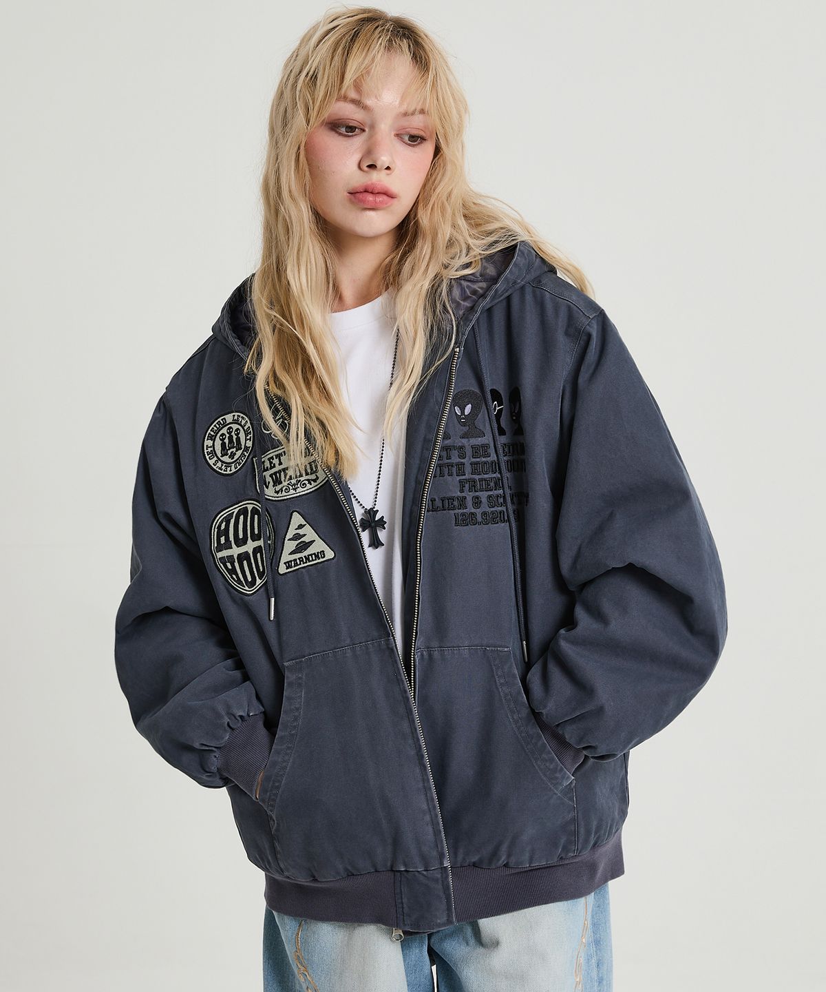 후드후드(HOODHOOD) 에일리언 패디드 워싱 후드 점퍼 더스트블루