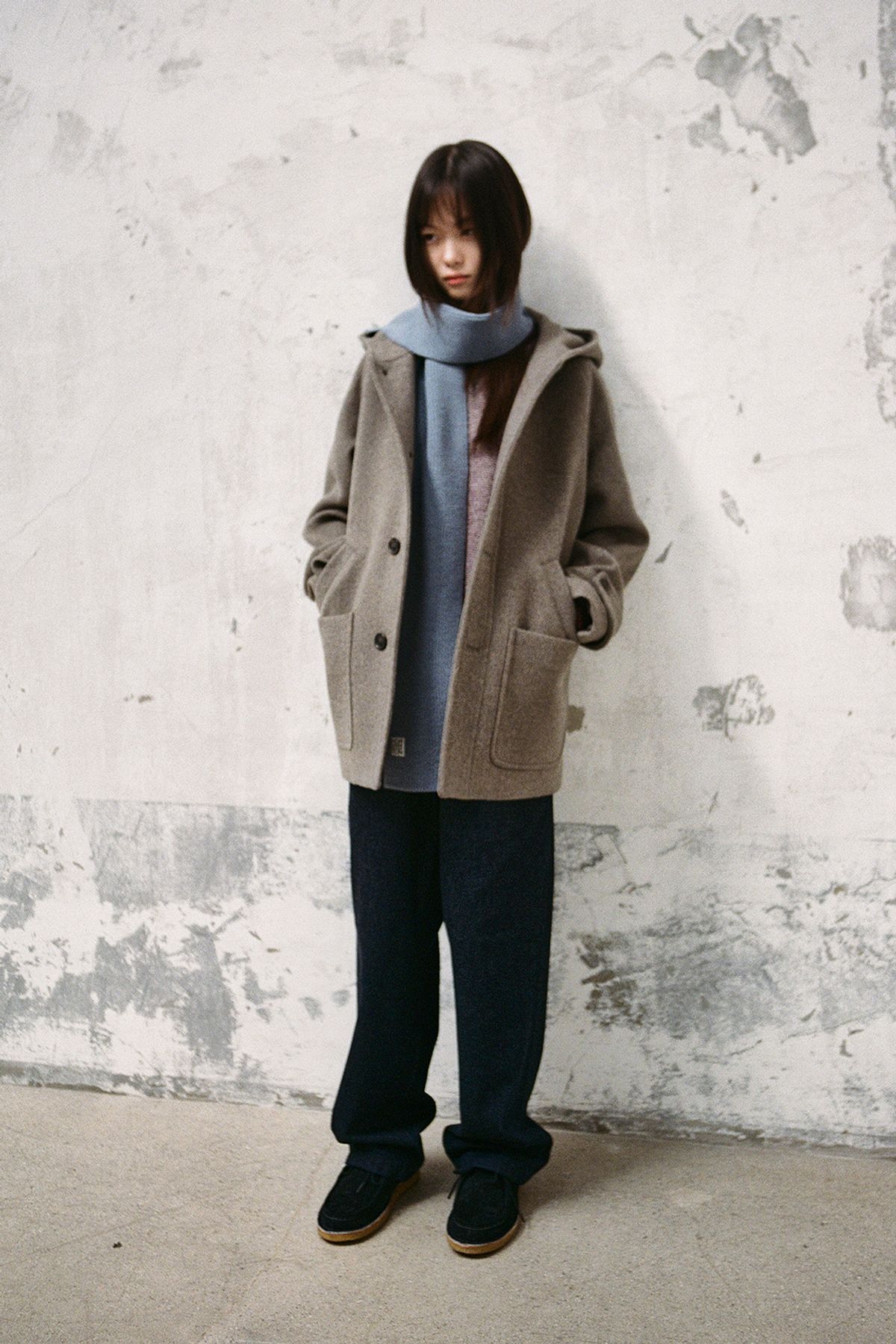 홀리선(HORLISUN) Longgrove Wool Hood Half Coat Melange Beige