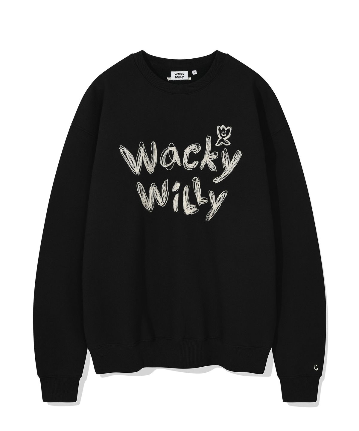 와키윌리(WACKY WILLY) 타이포 자수 기모 맨투맨 블랙