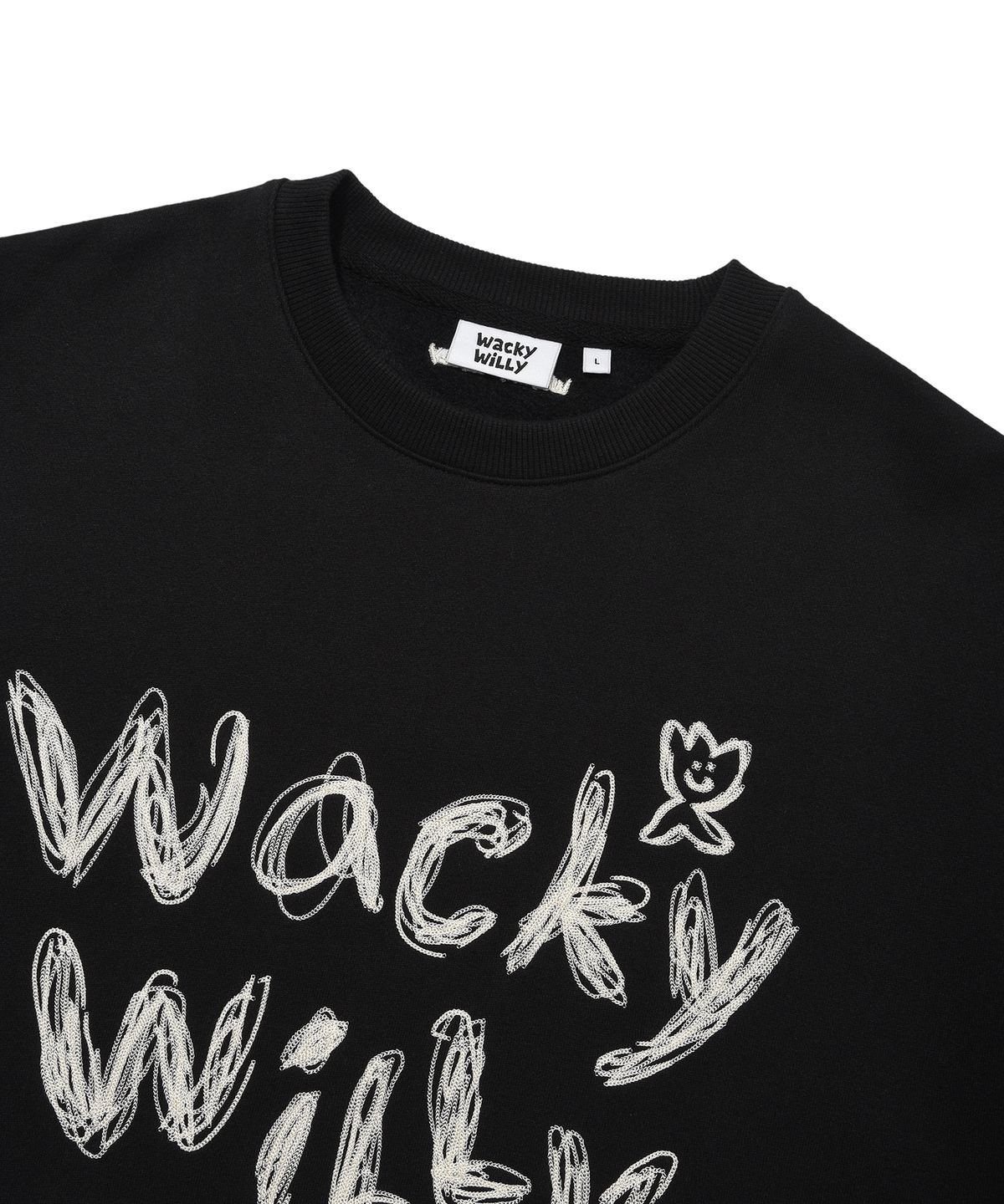 와키윌리(WACKY WILLY) 타이포 자수 기모 맨투맨 블랙