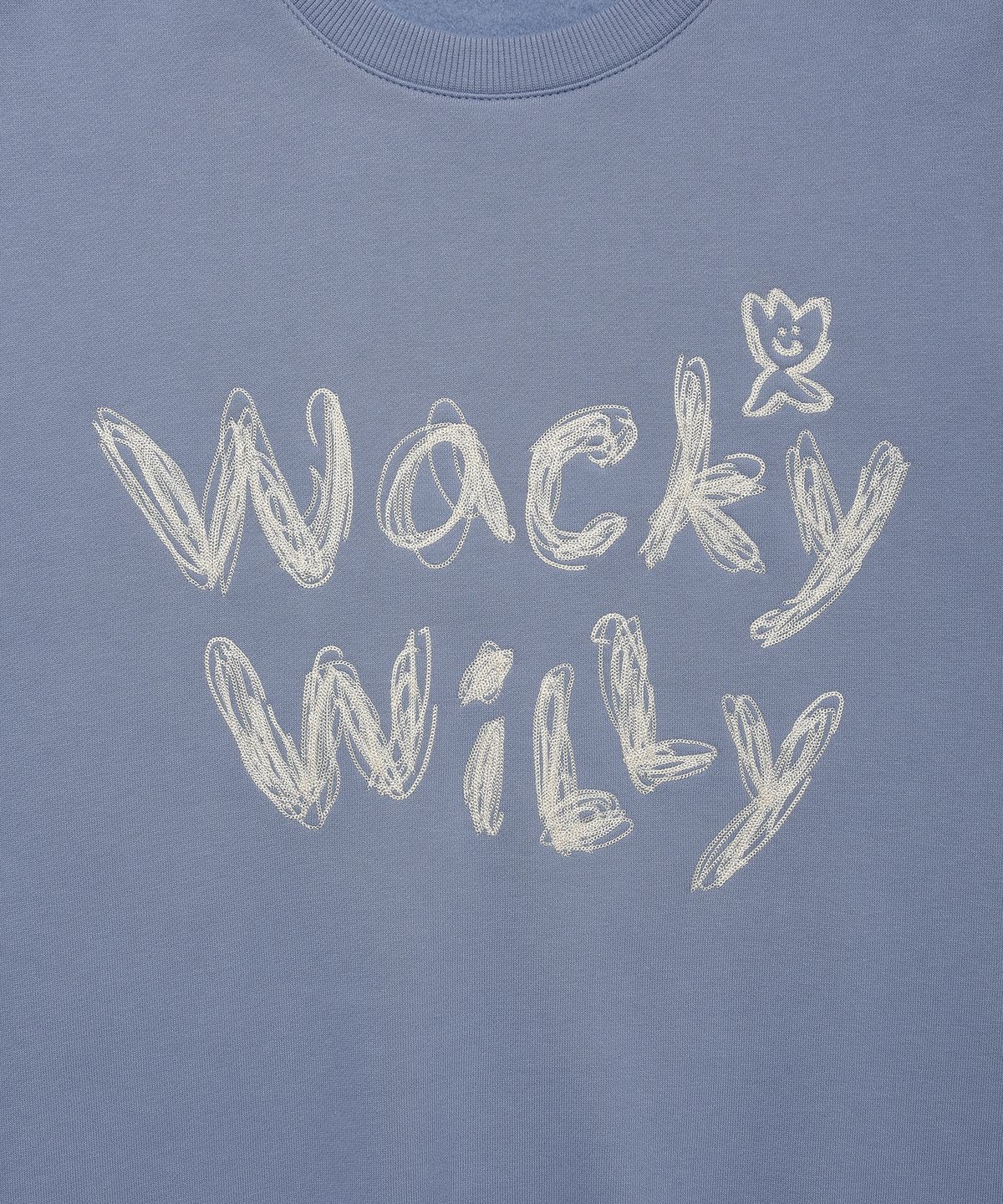와키윌리(WACKY WILLY) 타이포 자수 기모 맨투맨 블루