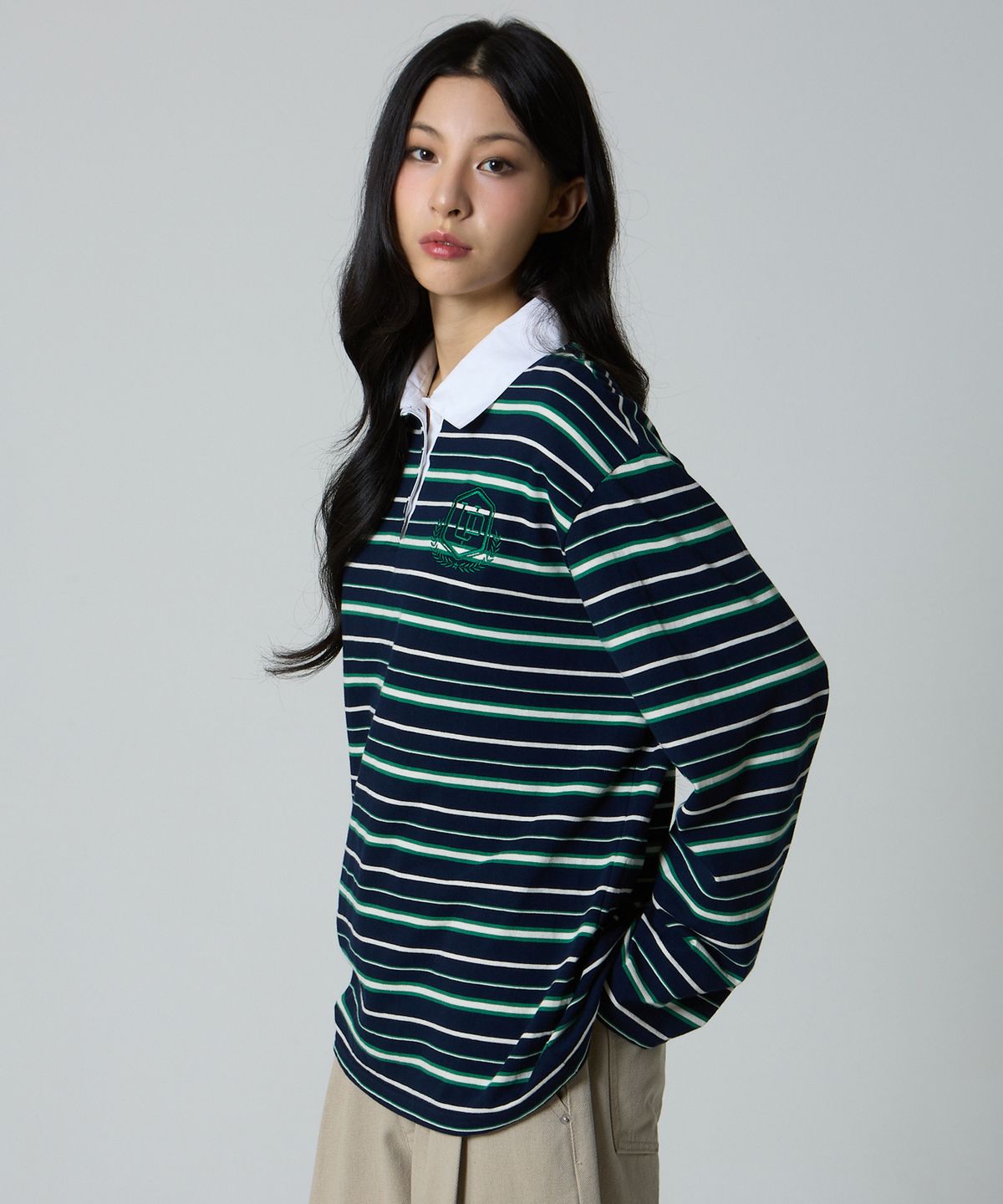 언노운 플라넷(UNKNOWN PLANET) 아이비 스트라이프 럭비 카라 셔츠 네이비
