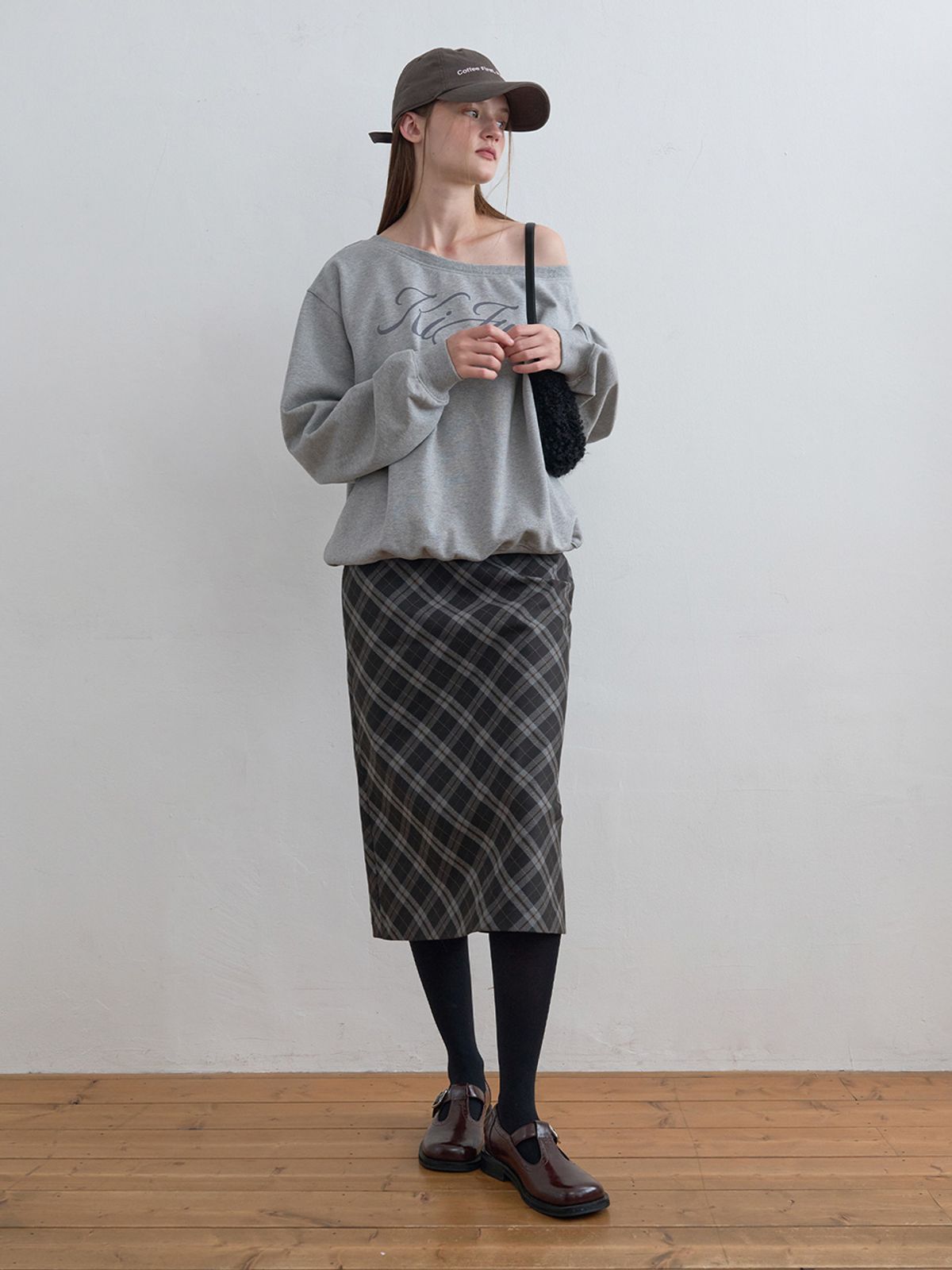 기준(KIJUN) Check Midi Skirt Charcoal