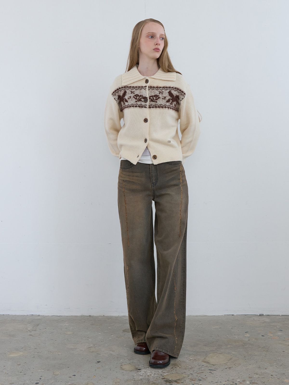 기준(KIJUN) Scratched Wide Jeans Charcoal Brown