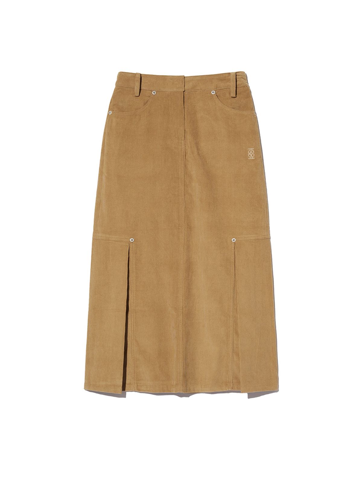 기준(KIJUN) Corduroy Tucked Midi Skirt Camel