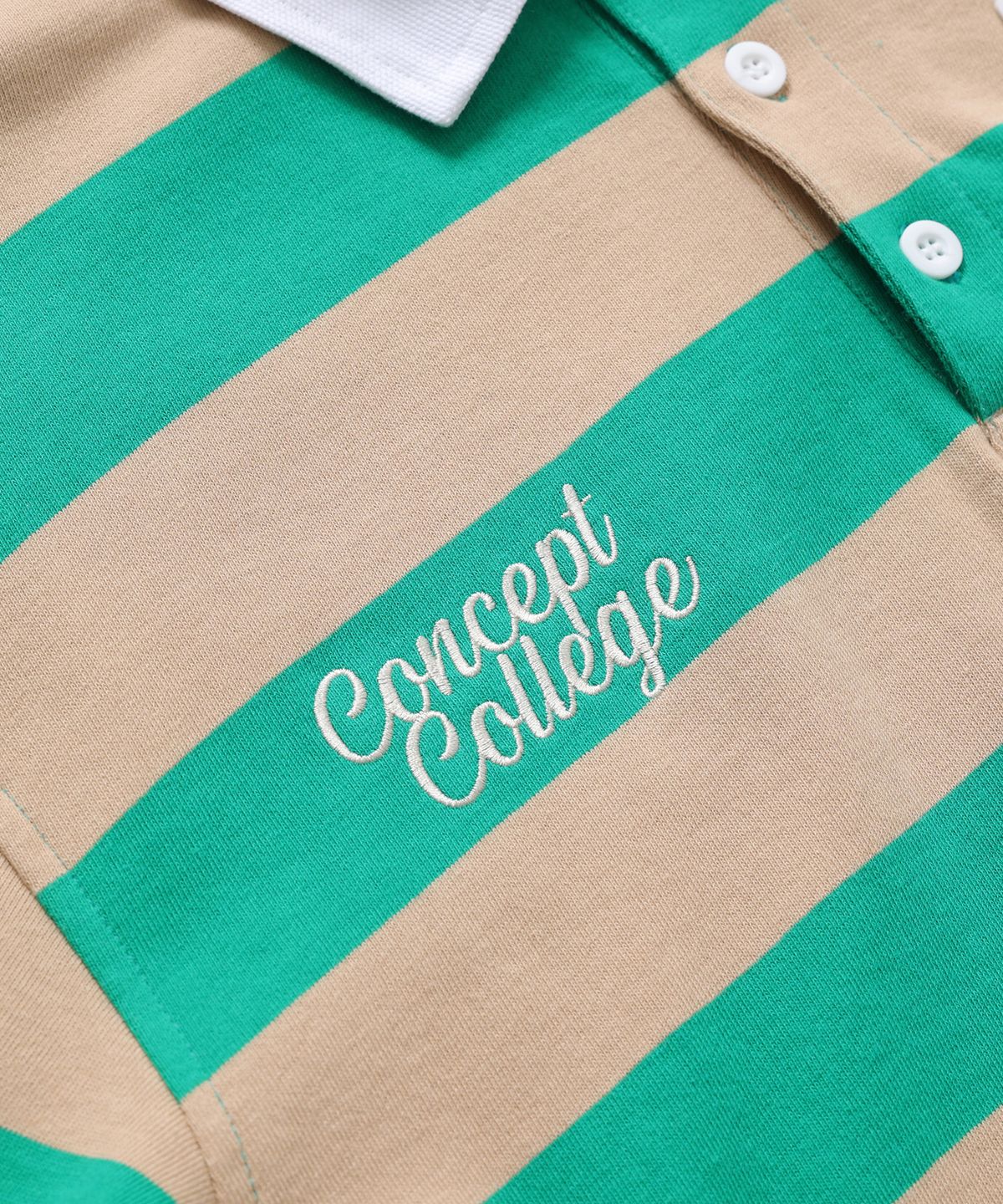 컨셉트컬리지(CONCEPTCOLLEGE) C패치 스트라이프 럭비 맨투맨 긴팔 카라티셔츠_그린/베이지 [남녀공용]