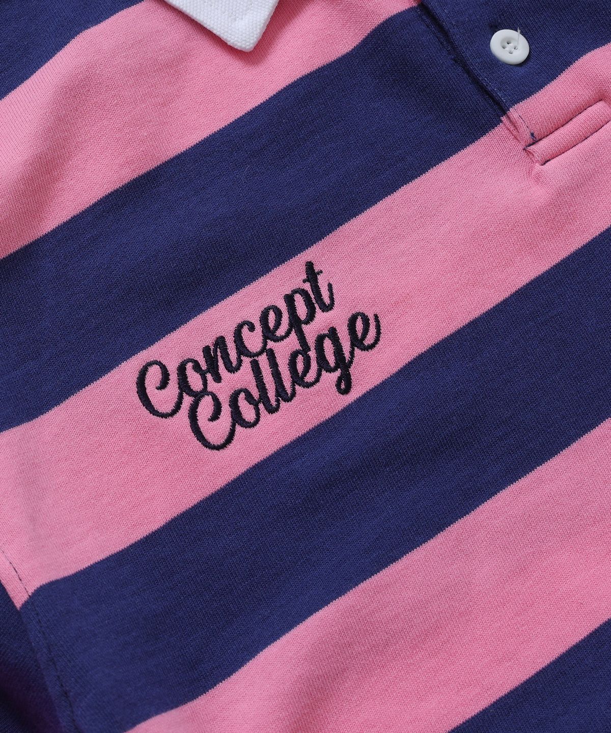 컨셉트컬리지(CONCEPTCOLLEGE) C패치 스트라이프 럭비 맨투맨 긴팔 카라티셔츠_핑크/네이비 [남녀공용]