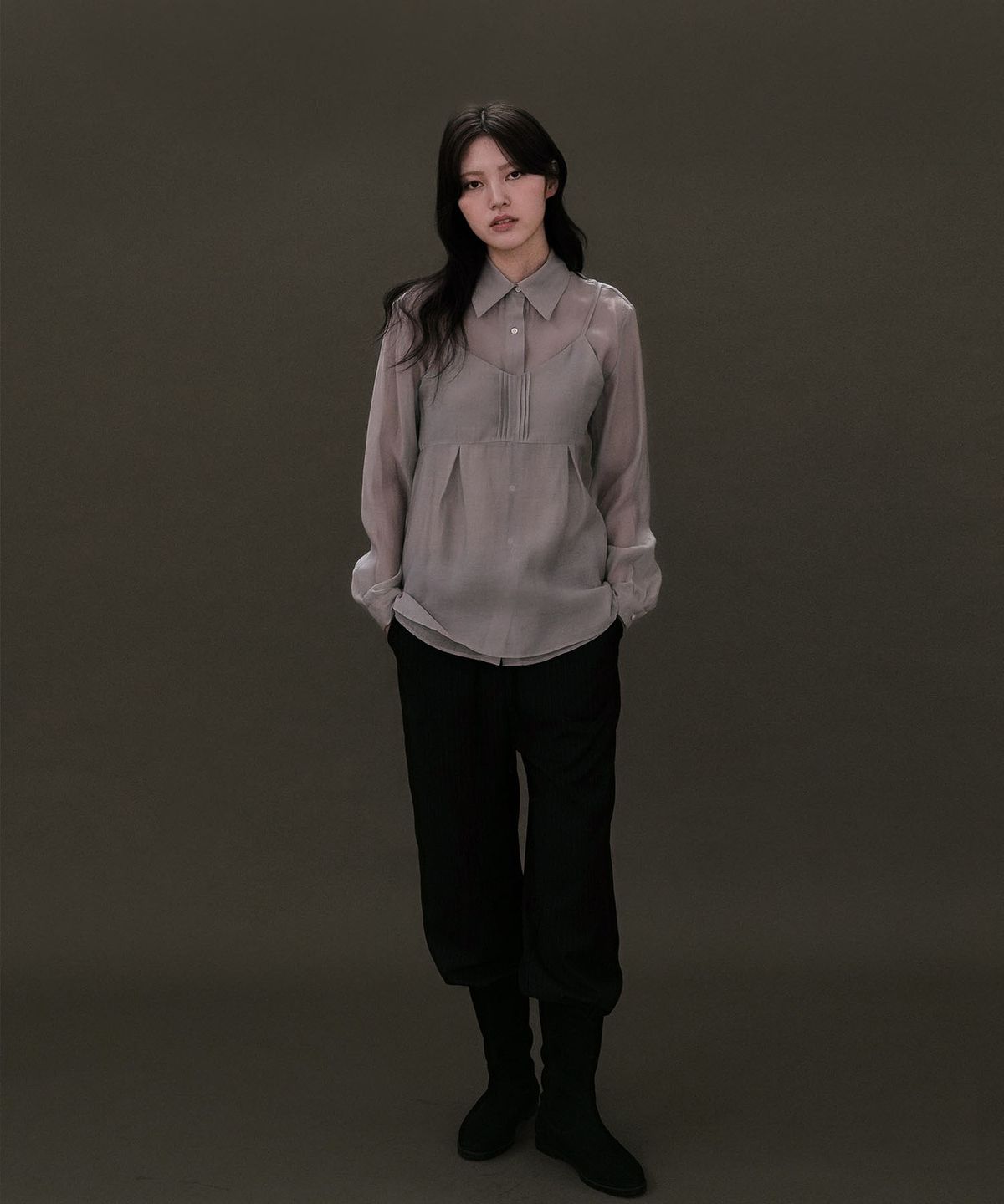 아우로(OURO) SHEER BUSTIER SET-UP [ GRAY ]