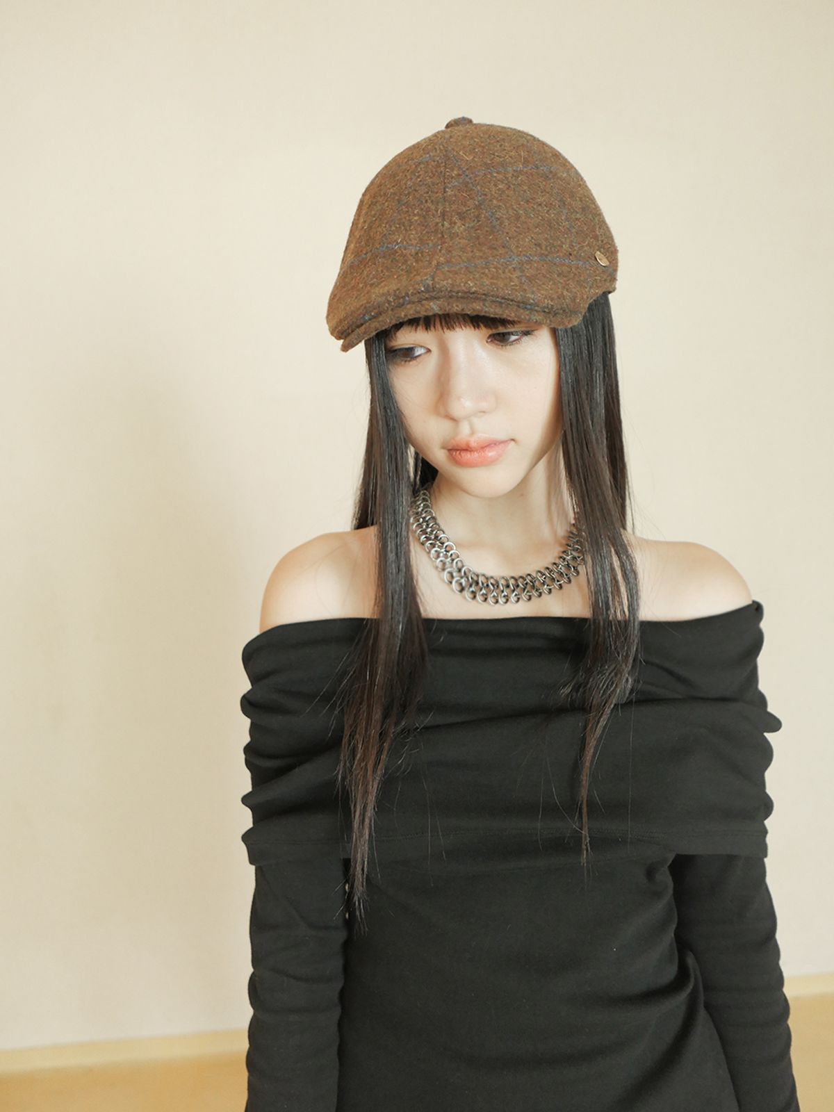 콜로신스(COLOCYNTH) Teddygirl Hunting Cap Checked Mud Brown