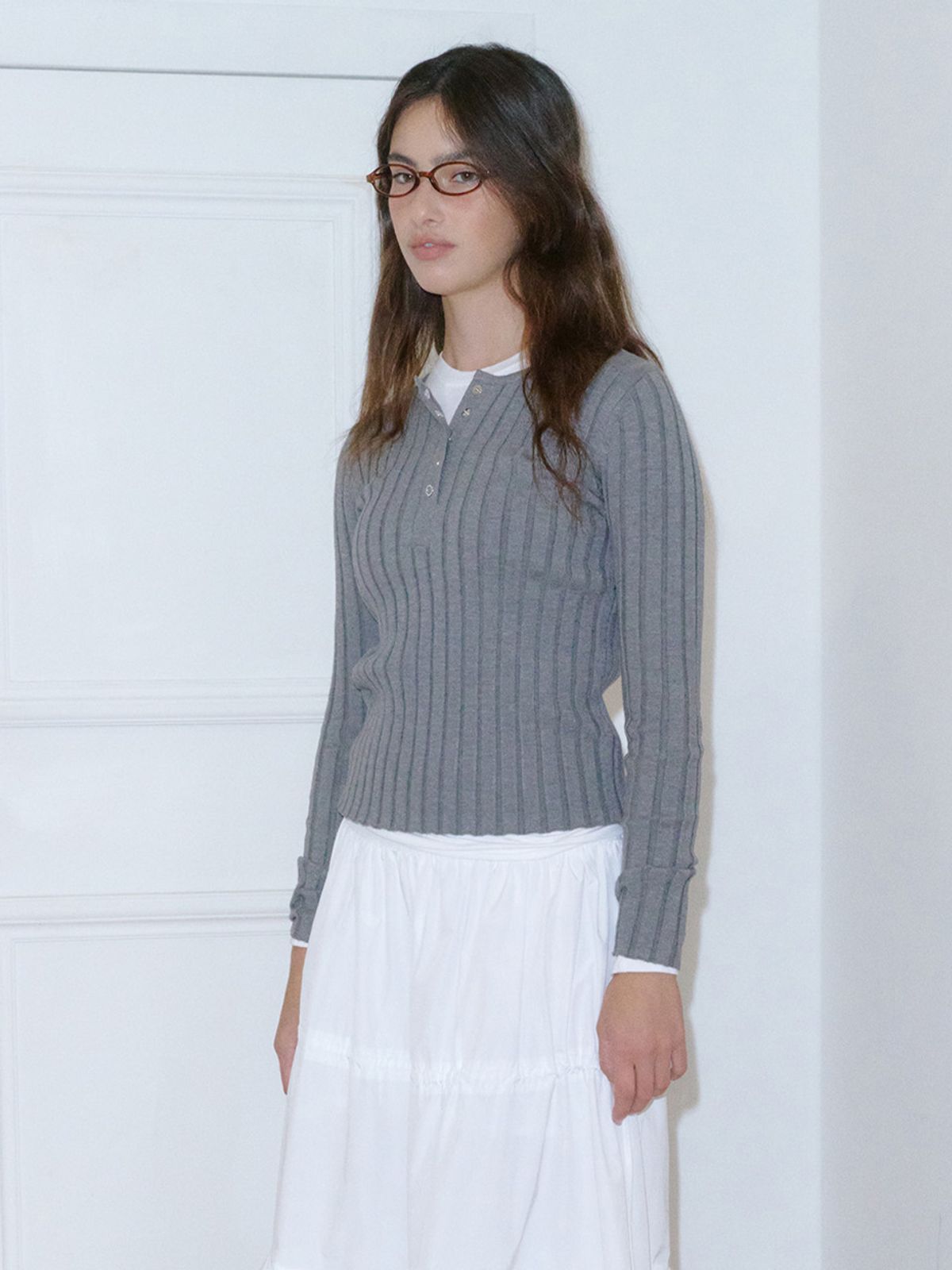 기준(KIJUN) Henry Neck Knit Top Melange Grey
