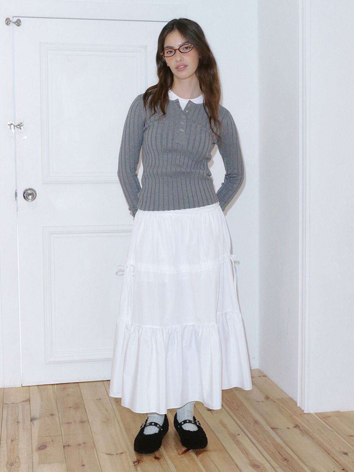 기준(KIJUN) Henry Neck Knit Top Melange Grey
