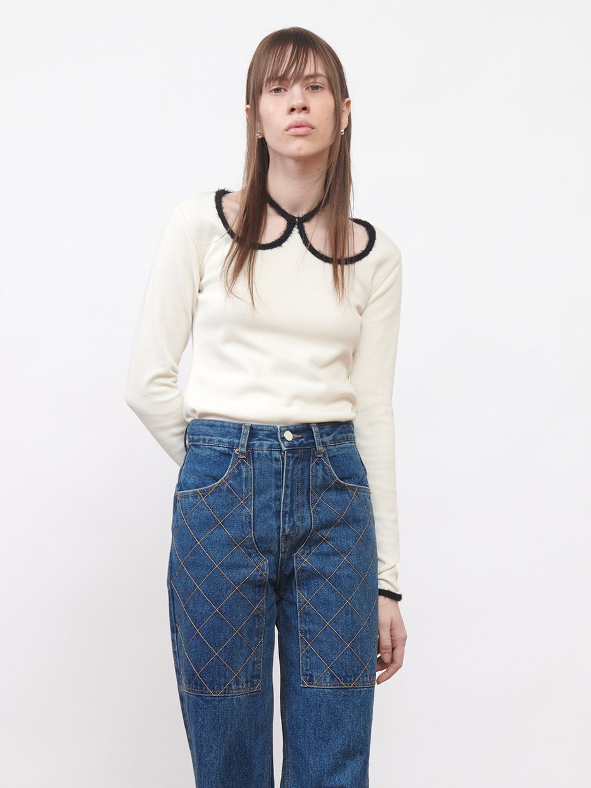 기준(KIJUN) W-Neck Jersey Top Ivory