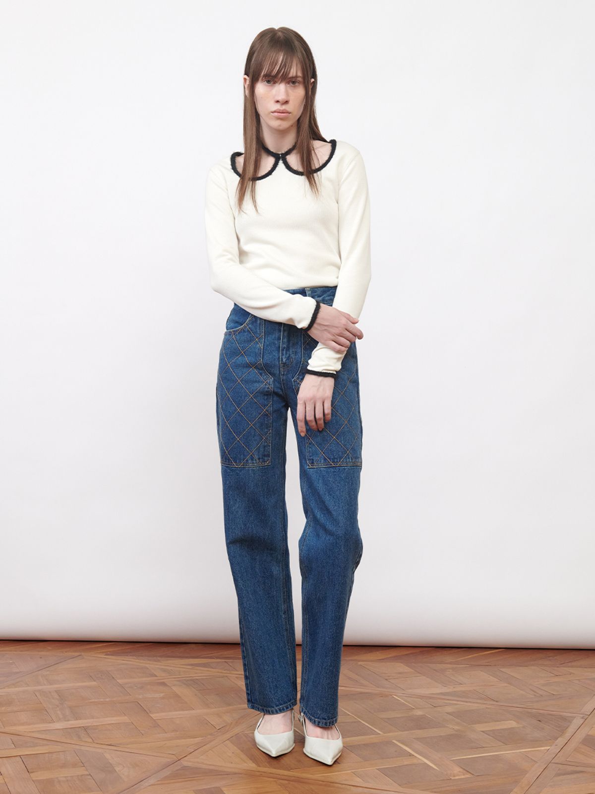 기준(KIJUN) W-Neck Jersey Top Ivory