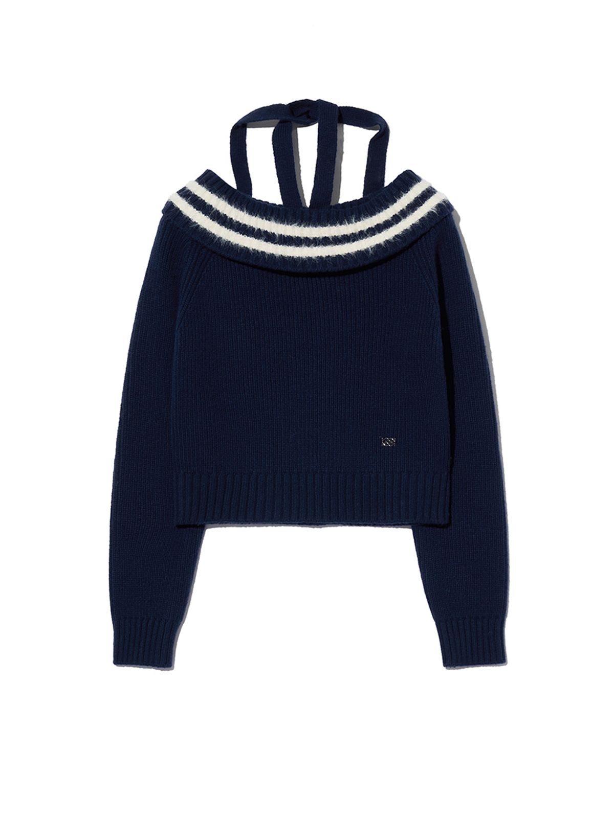 기준(KIJUN) Tied Off-Shoulder Knit Top Navy